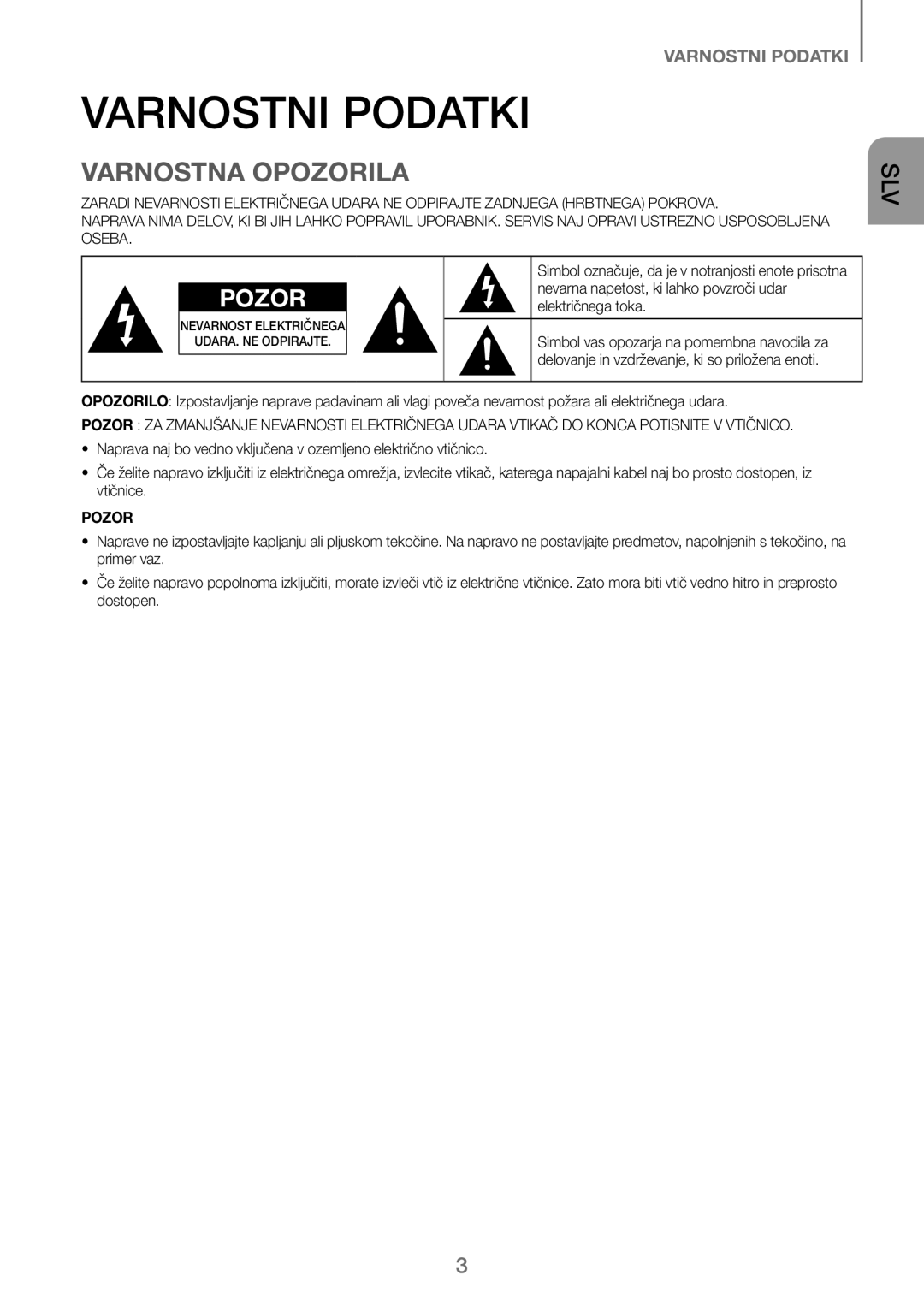 Samsung HW-J250/EN manual Varnostni Podatki, Varnostna Opozorila 