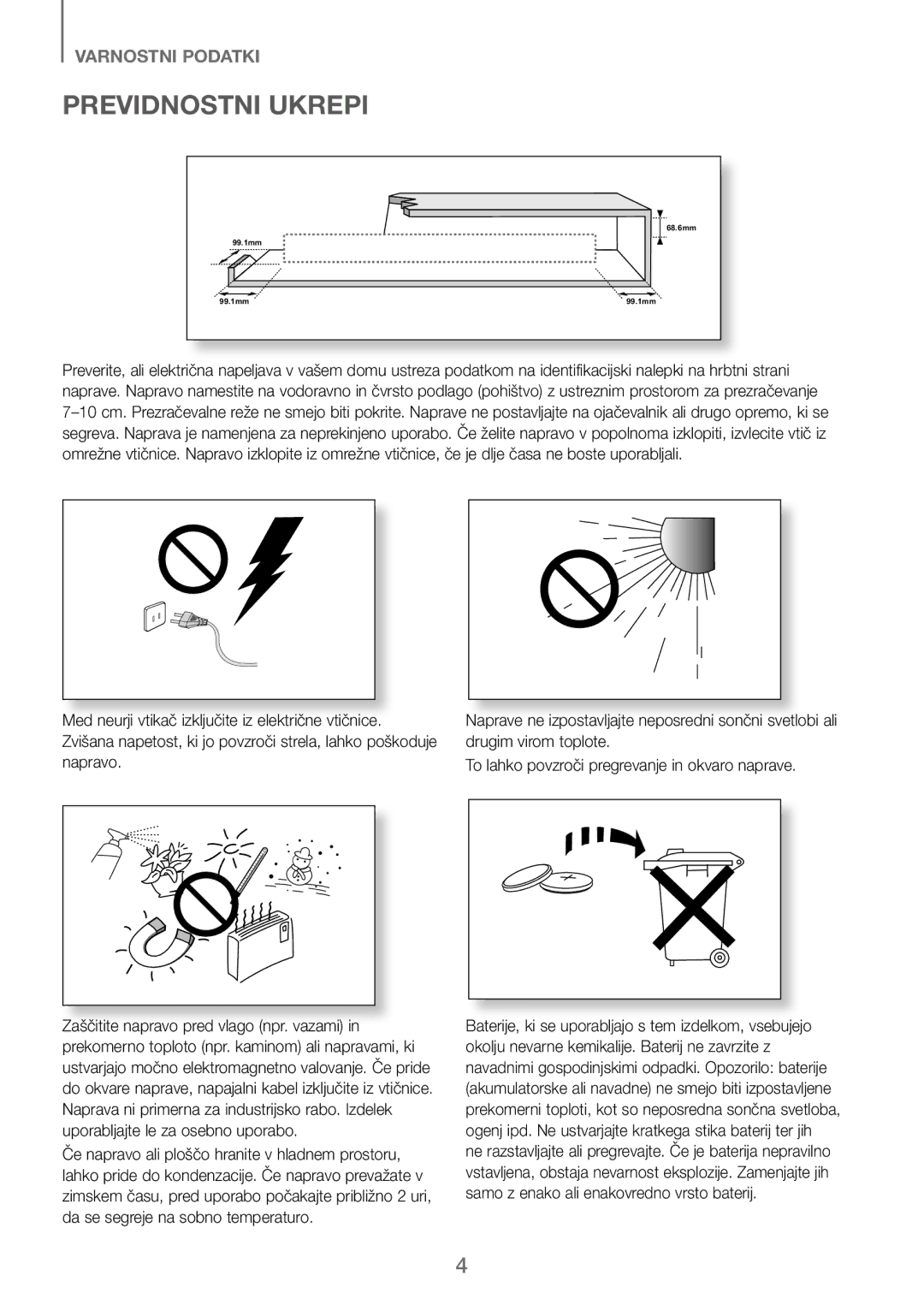 Samsung HW-J250/EN manual Previdnostni Ukrepi 