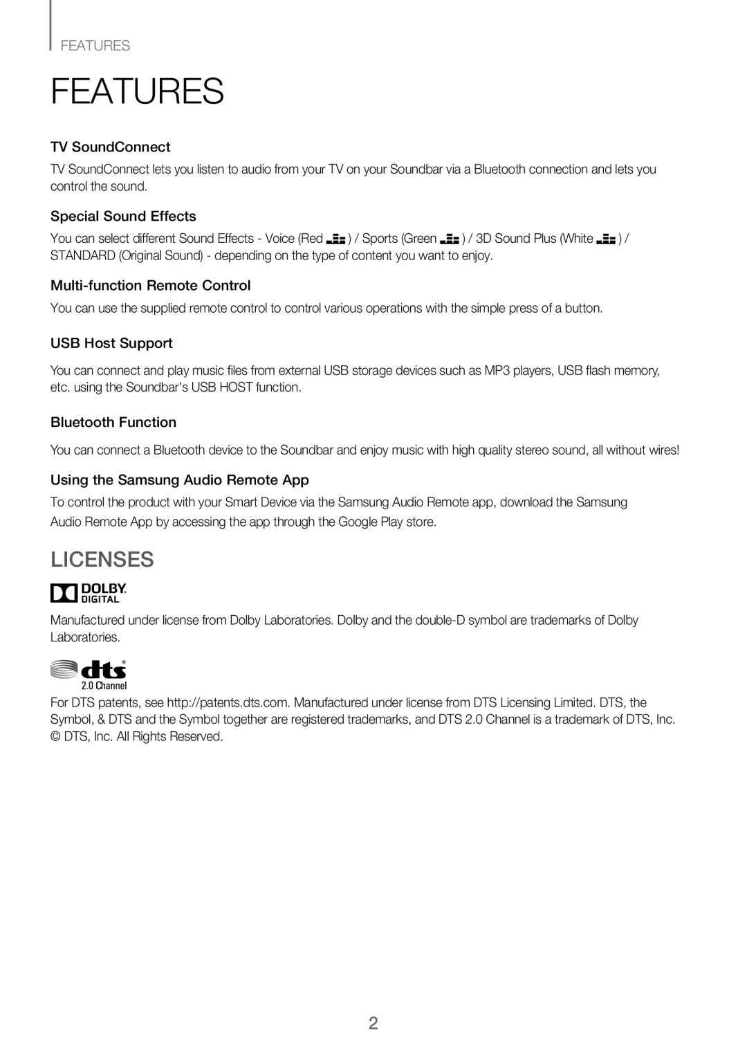 Samsung HW-J250/EN manual Features, Licenses 