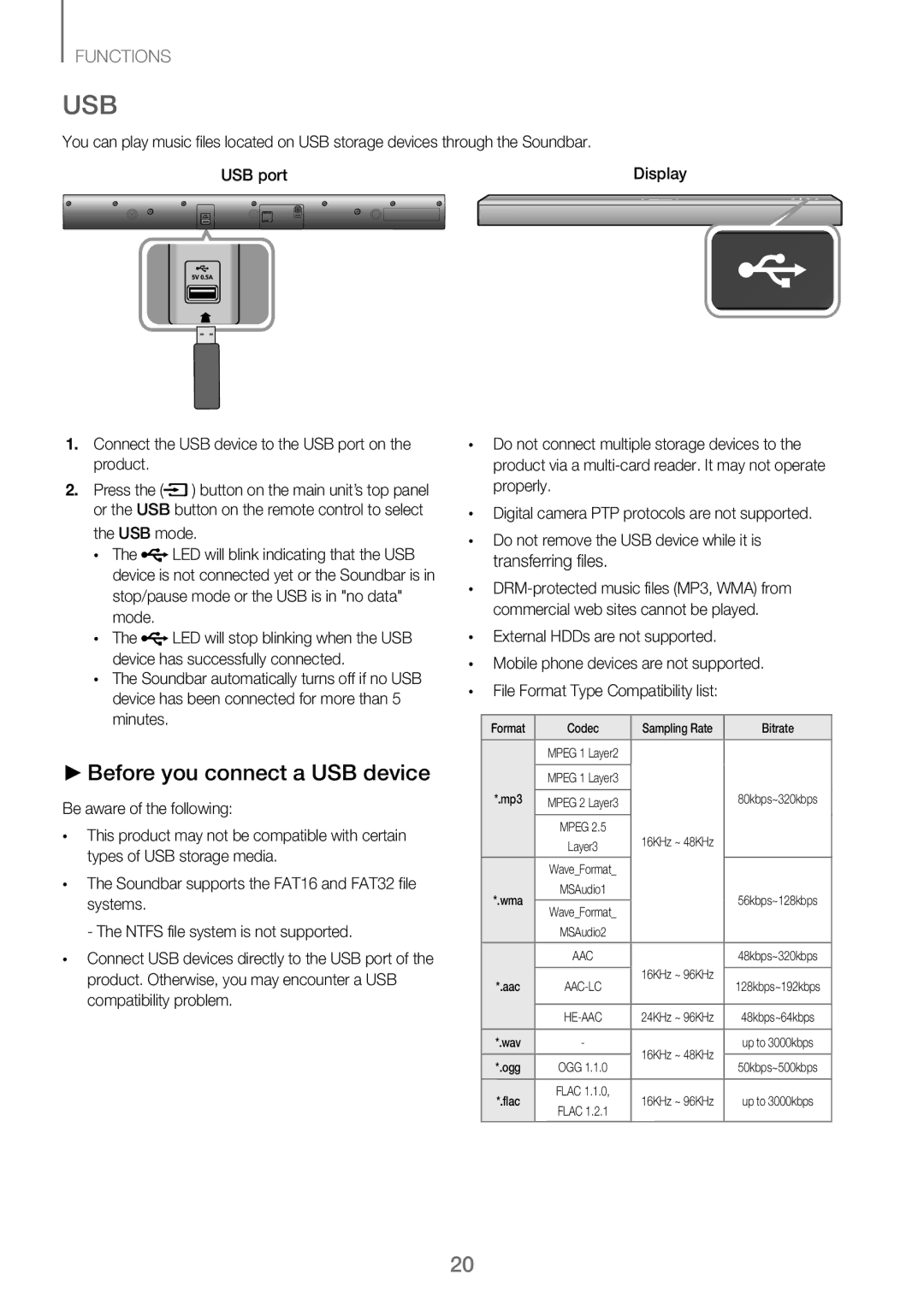 Samsung HW-J250/EN manual Usb, Before you connect a USB device, Display 