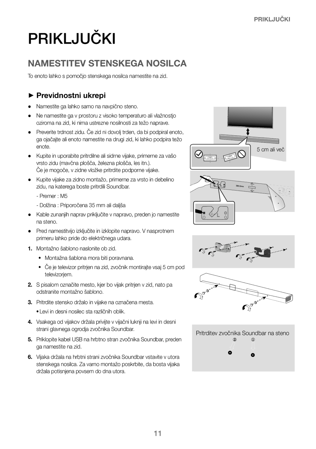 Samsung HW-J250/EN Priključki, Namestitev Stenskega Nosilca, ++Previdnostni ukrepi, Pritrditev zvočnika Soundbar na steno 