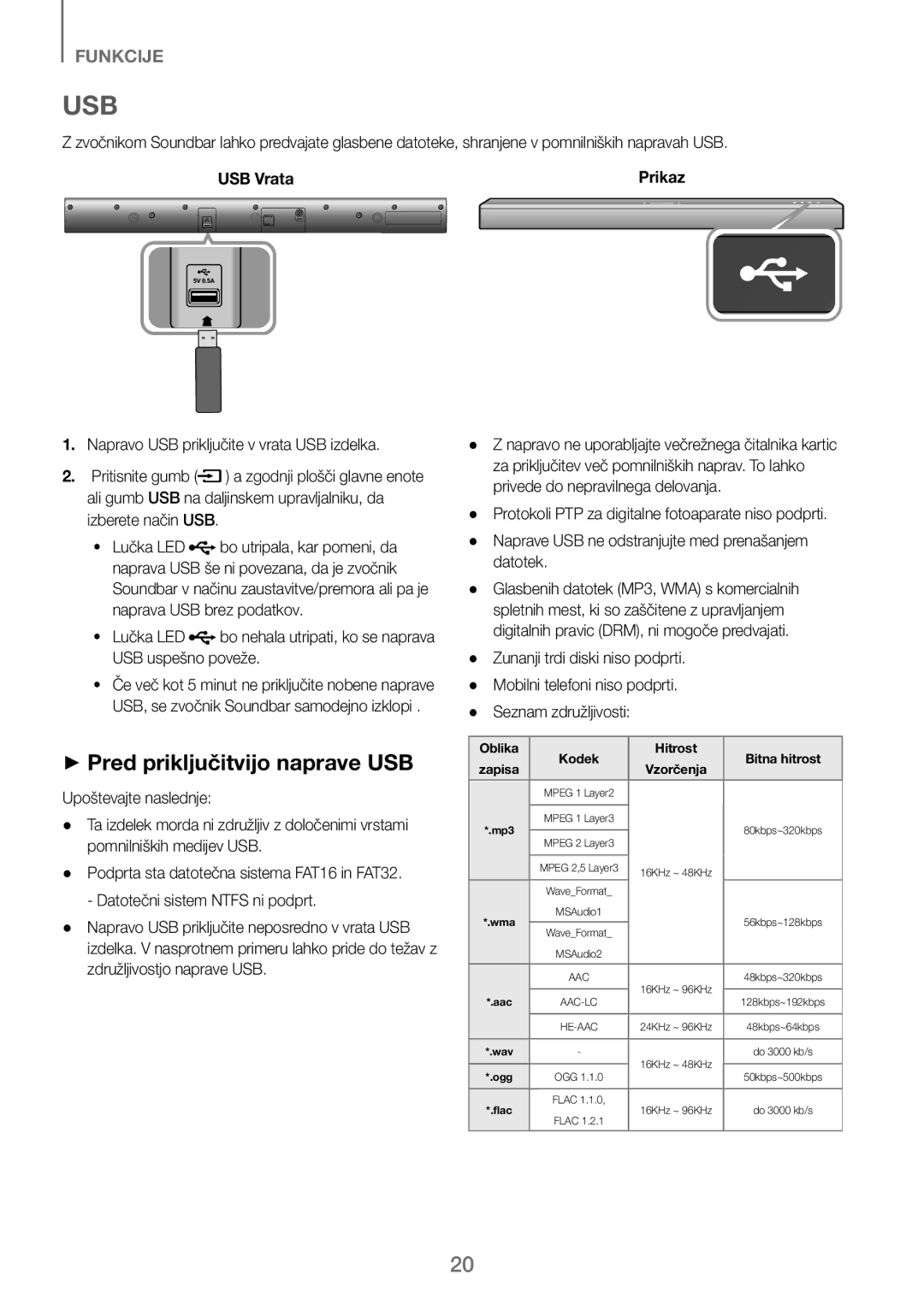 Samsung HW-J250/EN manual ++Pred priključitvijo naprave USB, USB Vrata, Upoštevajte naslednje, Datotek 