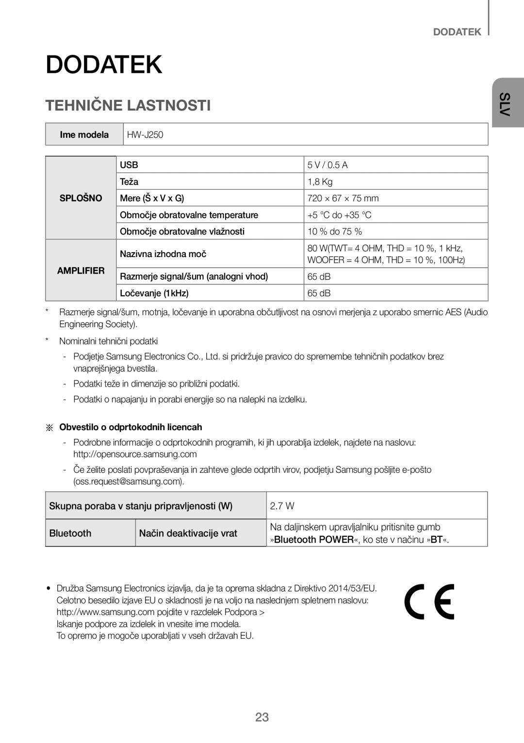 Samsung HW-J250/EN manual Tehnične Lastnosti, Ime modela, Aa Obvestilo o odprtokodnih licencah 