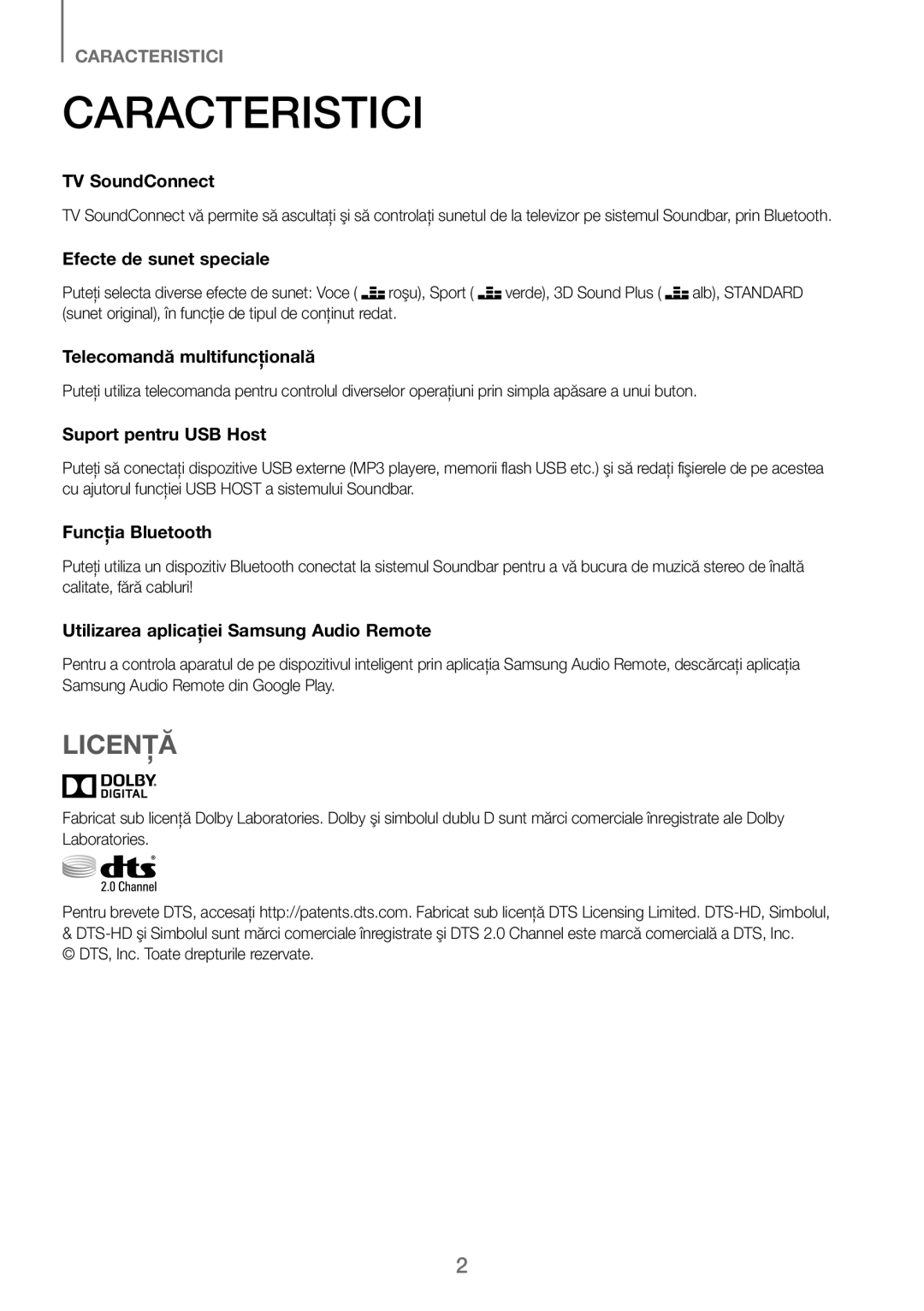 Samsung HW-J250/EN manual Caracteristici, Licenţă, DTS, Inc. Toate drepturile rezervate 