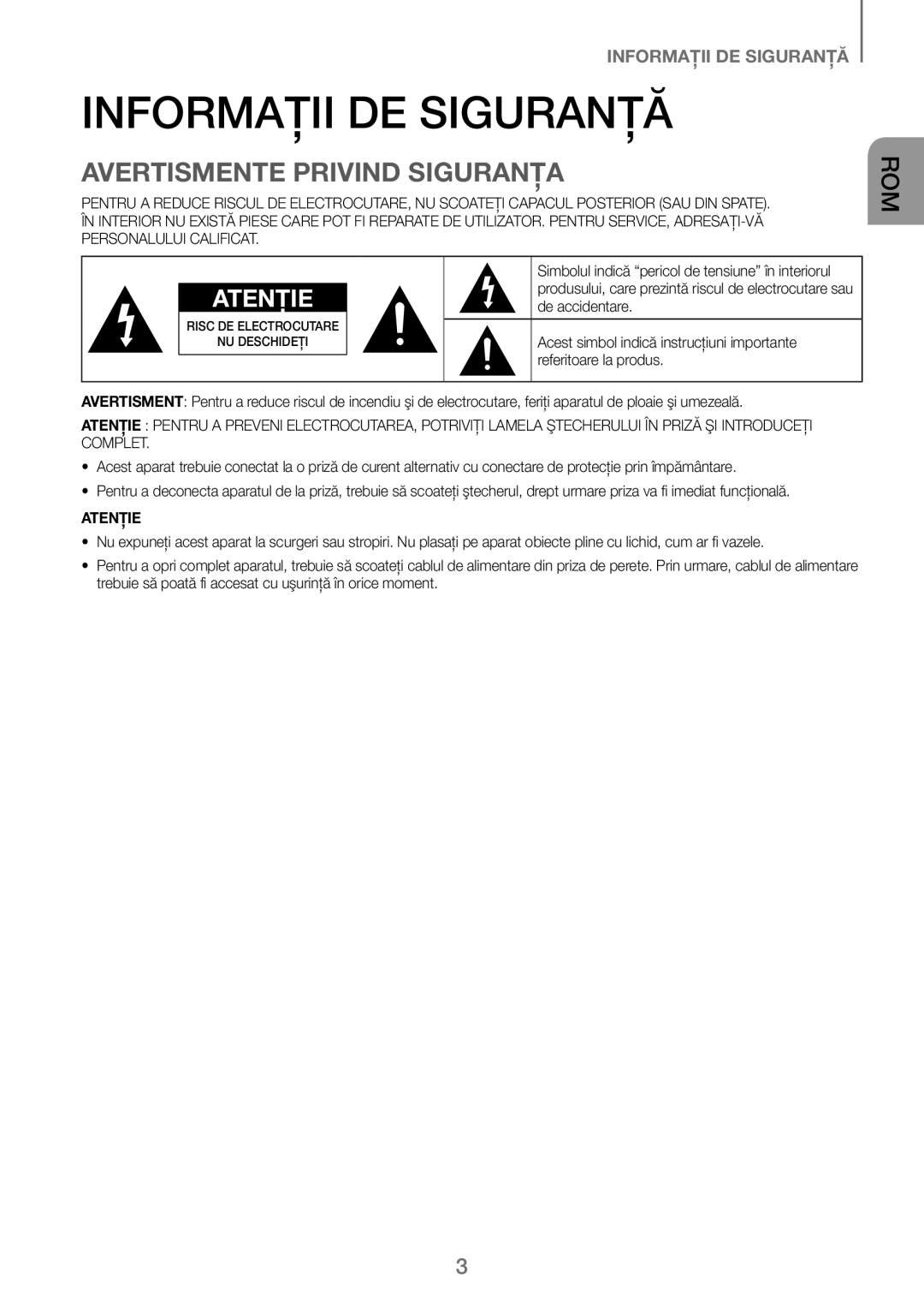 Samsung HW-J250/EN manual Informaţii DE Siguranţă, Avertismente Privind Siguranţa, De accidentare, Referitoare la produs 