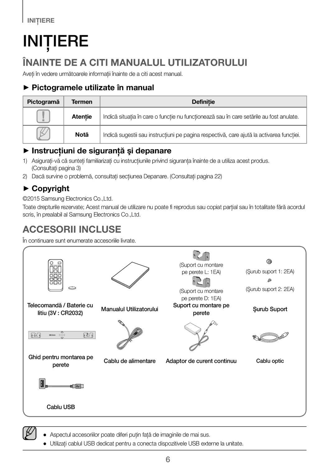 Samsung HW-J250/EN manual Iniţiere, Înainte DE a Citi Manualul Utilizatorului, Accesorii Incluse 