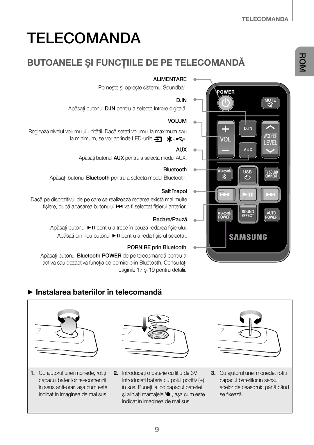 Samsung HW-J250/EN Telecomanda, Butoanele ŞI Funcţiile DE PE Telecomandă, ++Instalarea bateriilor în telecomandă, Volum 