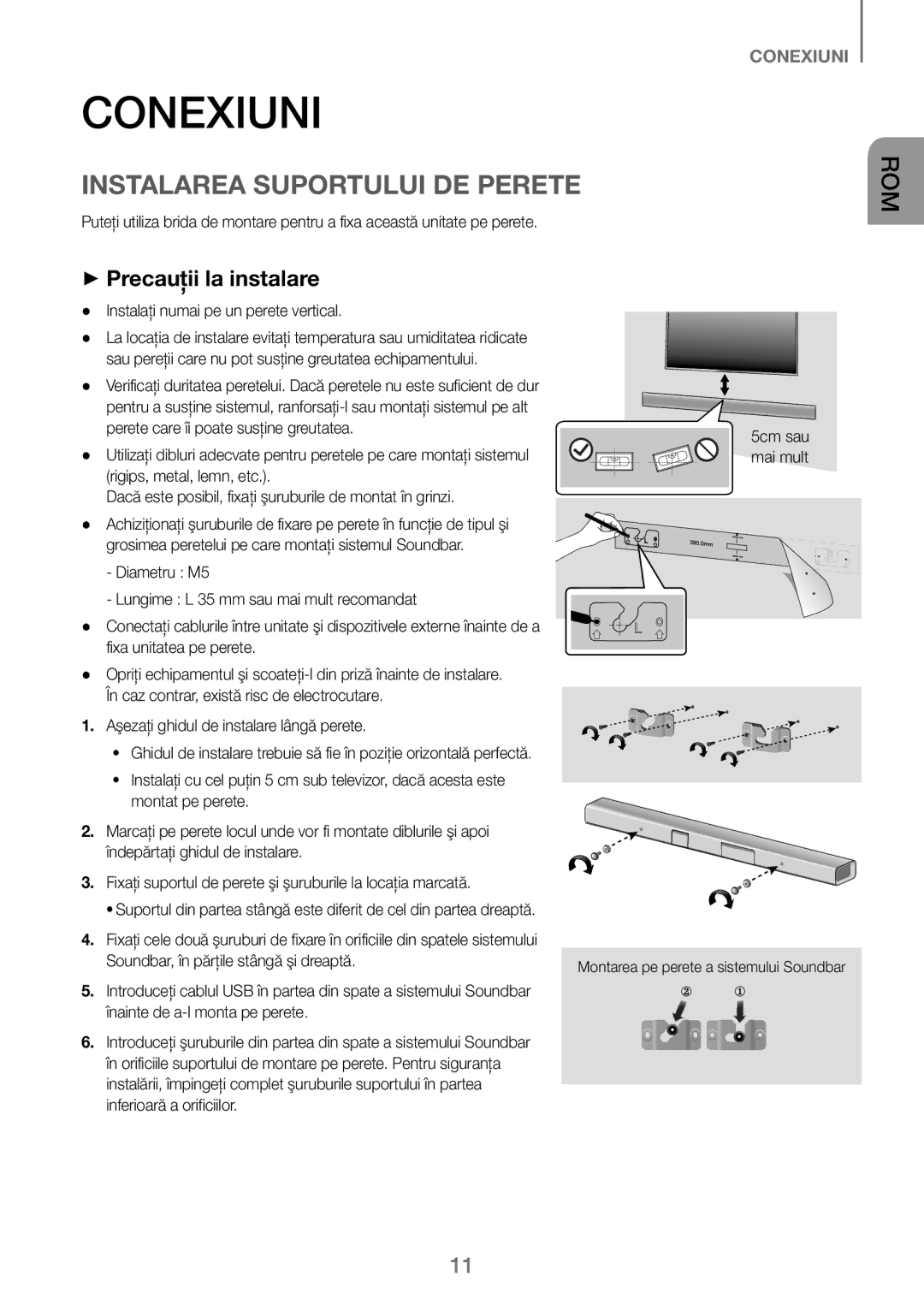 Samsung HW-J250/EN manual Conexiuni, Instalarea Suportului DE Perete, ++Precauţii la instalare 