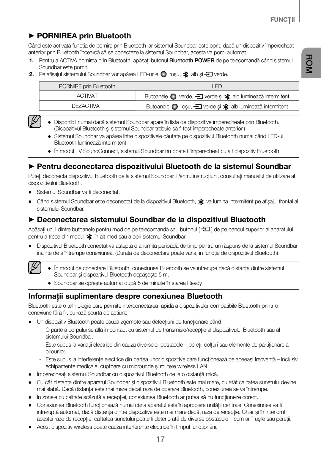 Samsung HW-J250/EN manual ++PORNIREA prin Bluetooth, Informaţii suplimentare despre conexiunea Bluetooth, Butoanele 