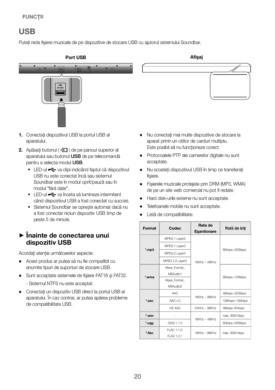 Samsung HW-J250/EN ++Înainte de conectarea unui dispozitiv USB, Conectaţi dispozitivul USB la portul USB al aparatului 