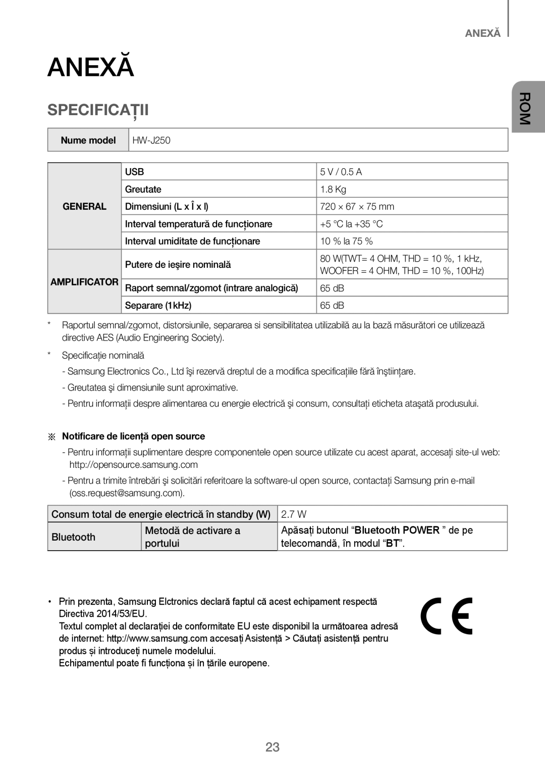 Samsung HW-J250/EN manual Anexă, Specificaţii, Nume model, Aa Notificare de licenţă open source 