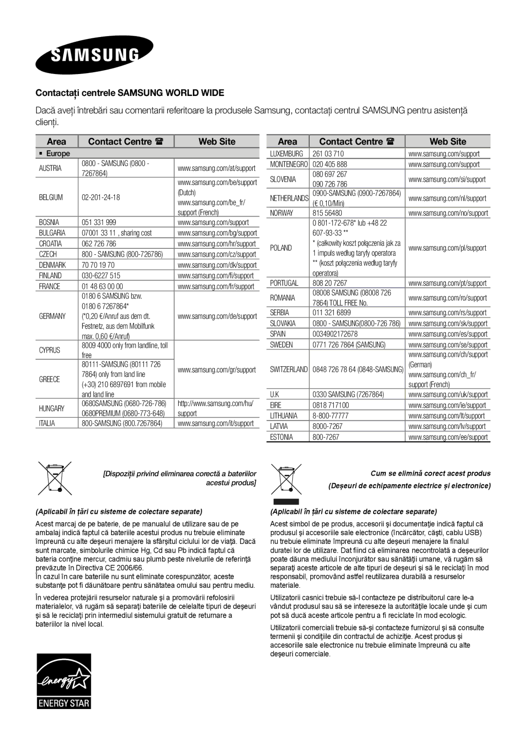 Samsung HW-J250/EN manual Contactaţi centrele Samsung World Wide, Aplicabil în țări cu sisteme de colectare separate 