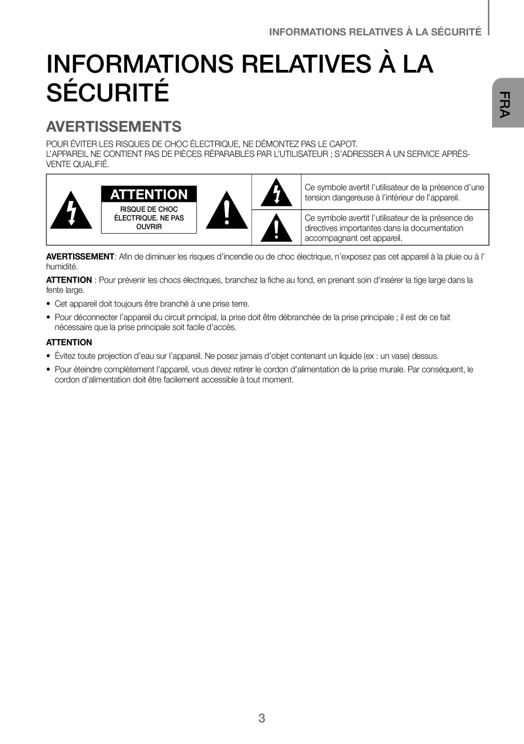 Samsung HW-J250/EN Informations Relatives À LA Sécurité, Avertissements, Tension dangereuse à l’intérieur de l’appareil 