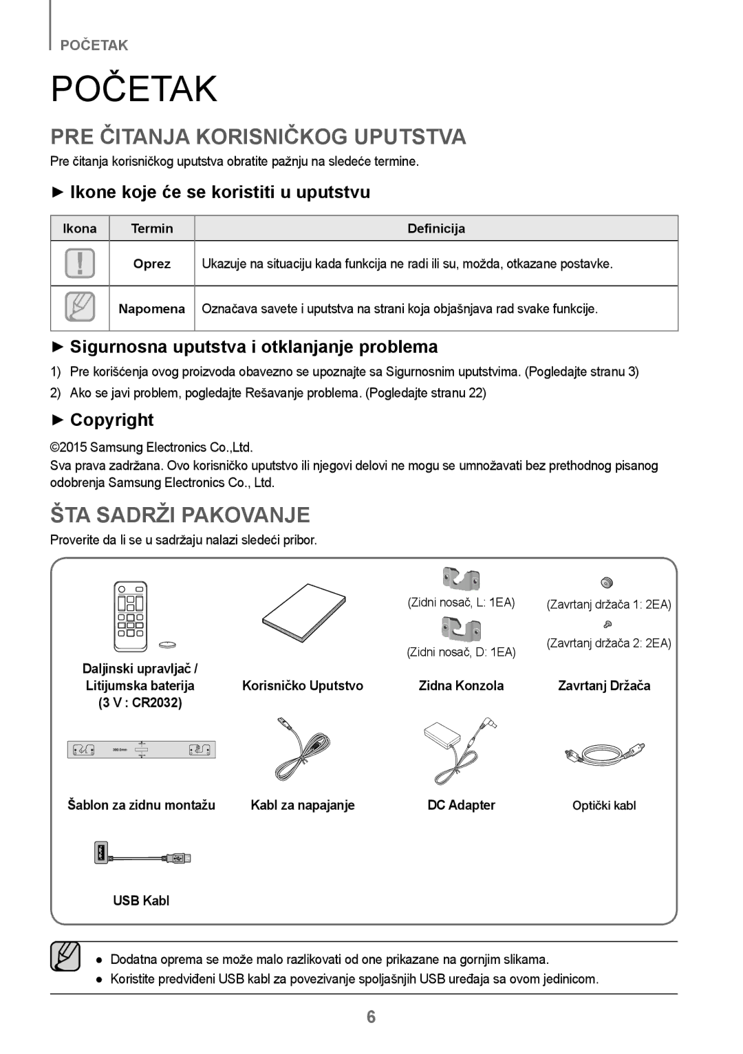 Samsung HW-J250/EN manual Početak, PRE Čitanja Korisničkog Uputstva, ŠTA Sadrži Pakovanje 