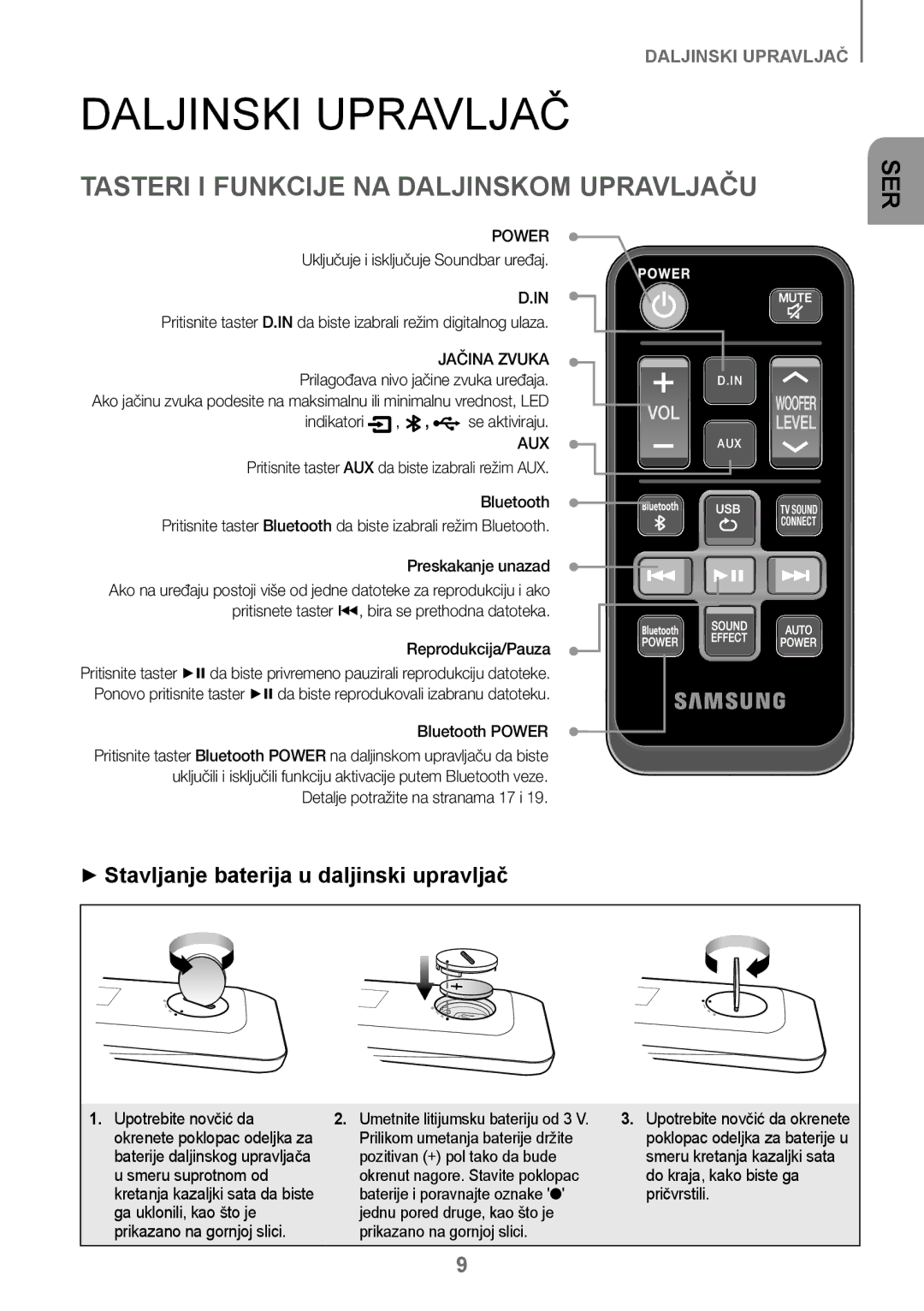 Samsung HW-J250/EN manual Daljinski Upravljač, Tasteri I Funkcije NA Daljinskom Upravljaču, Jačina Zvuka 