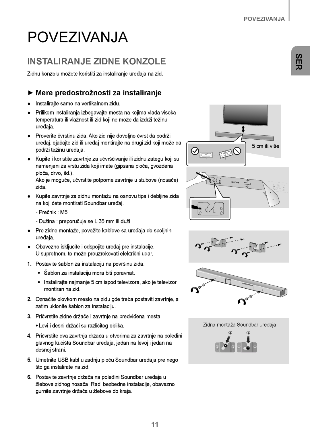 Samsung HW-J250/EN manual Povezivanja, Instaliranje Zidne Konzole, ++Mere predostrožnosti za instaliranje, Cm ili više 