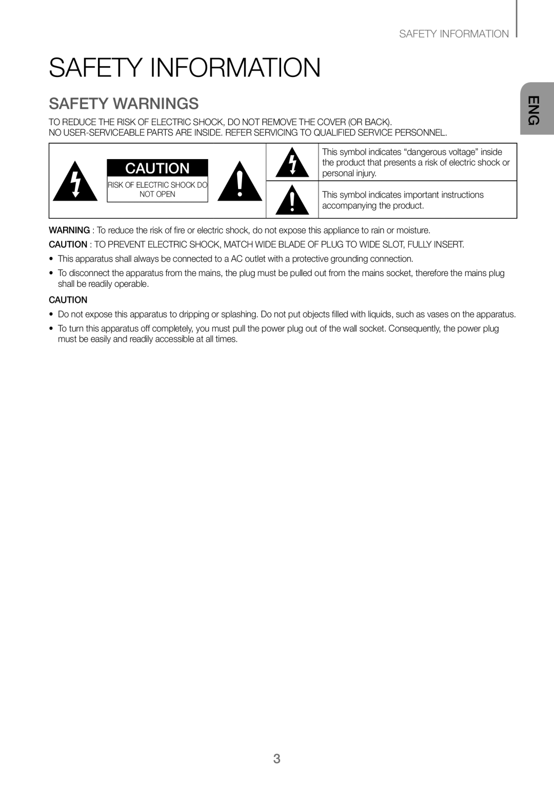 Samsung HW-J250/EN Safety Information, Safety Warnings, Personal injury, This symbol indicates important instructions 