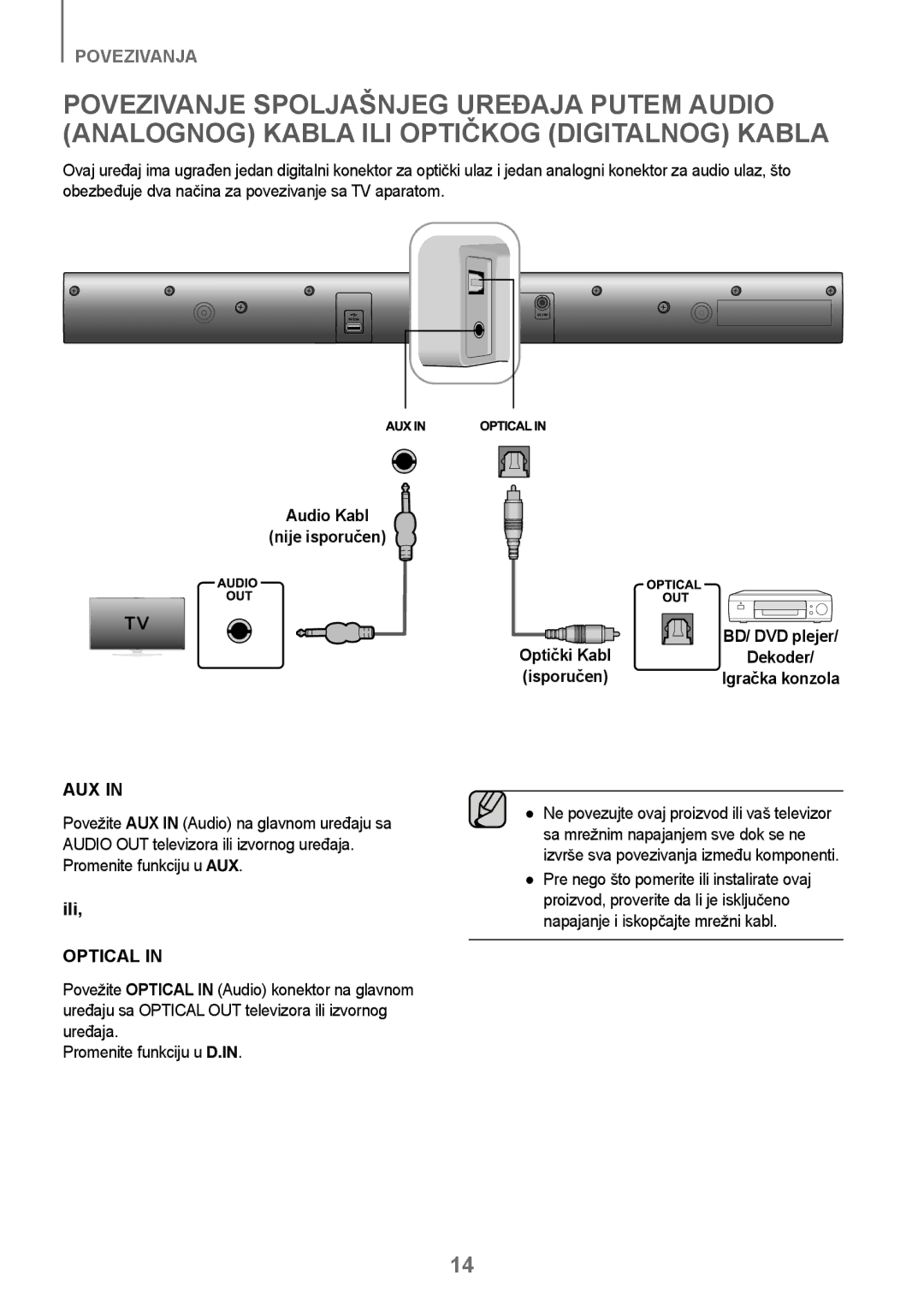 Samsung HW-J250/EN manual Audio Kabl Nije isporučen, Dekoder 