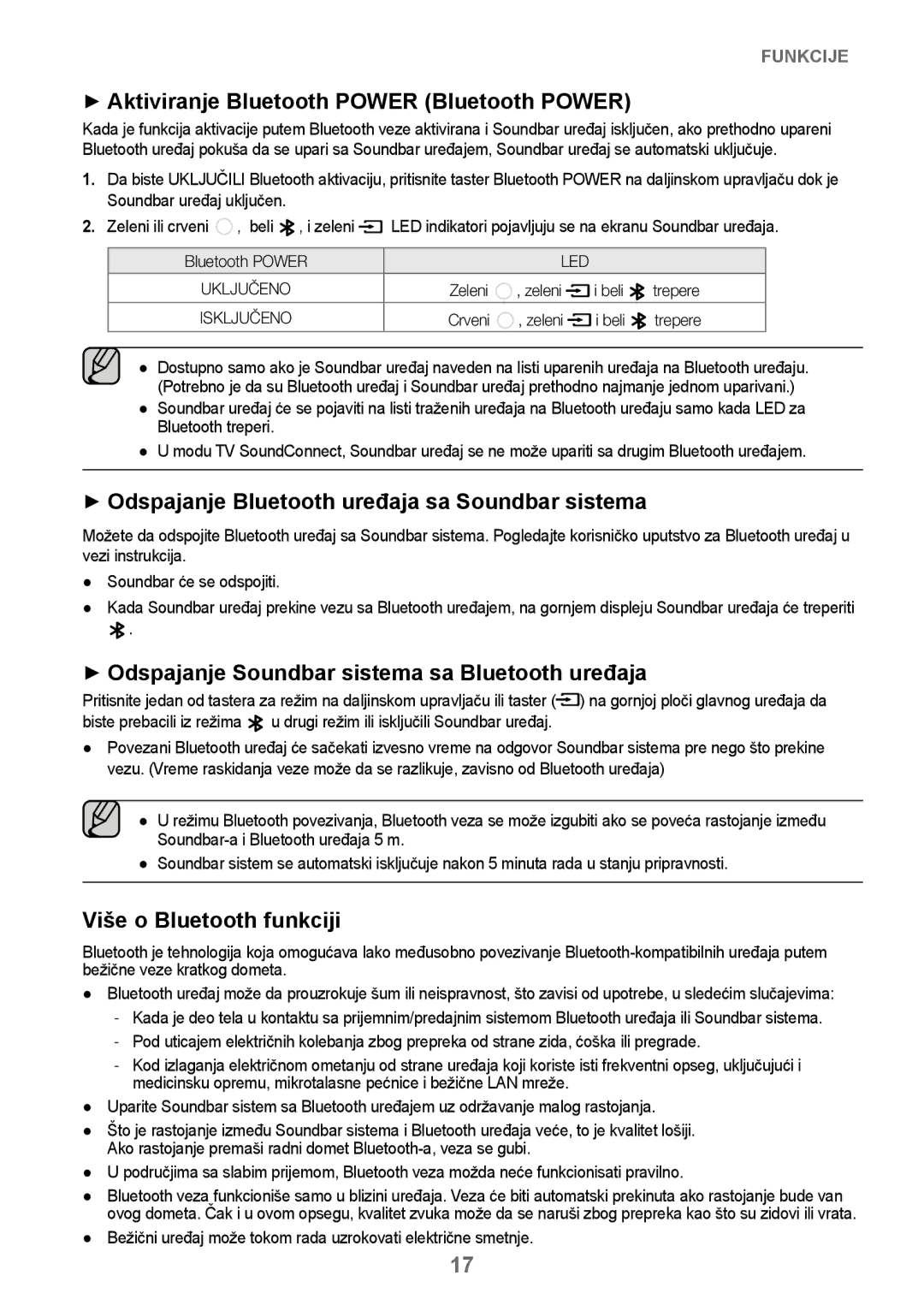 Samsung HW-J250/EN manual ++Aktiviranje Bluetooth Power Bluetooth Power, ++Odspajanje Bluetooth uređaja sa Soundbar sistema 