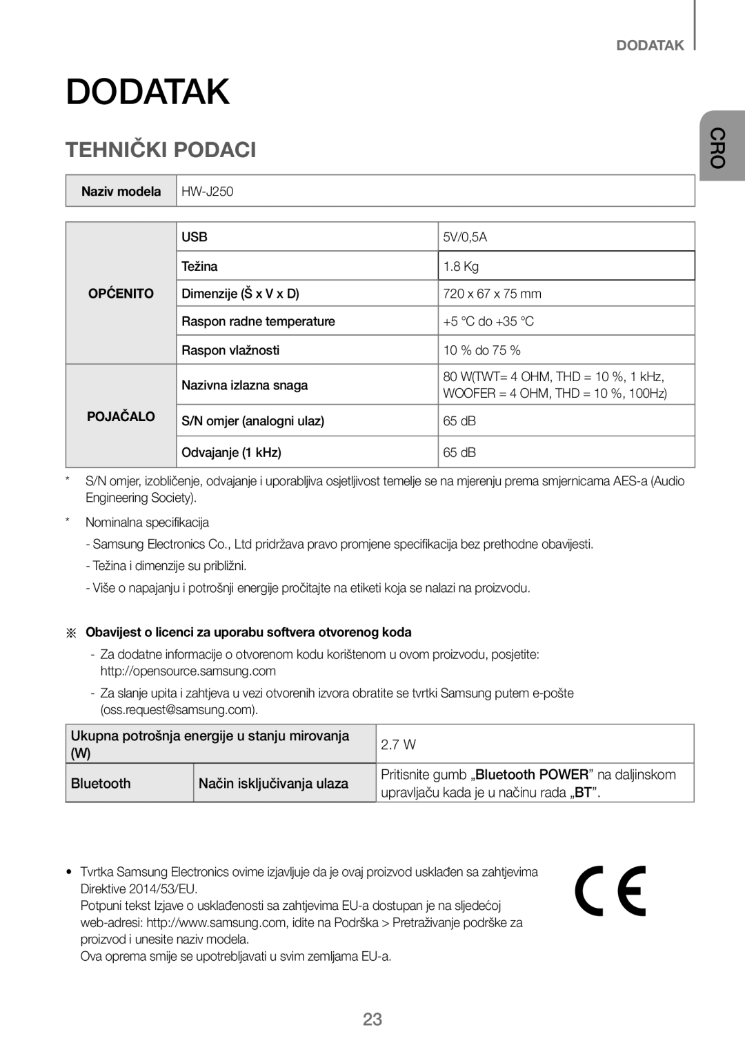 Samsung HW-J250/EN manual Tehnički Podaci, Aa Obavijest o licenci za uporabu softvera otvorenog koda 