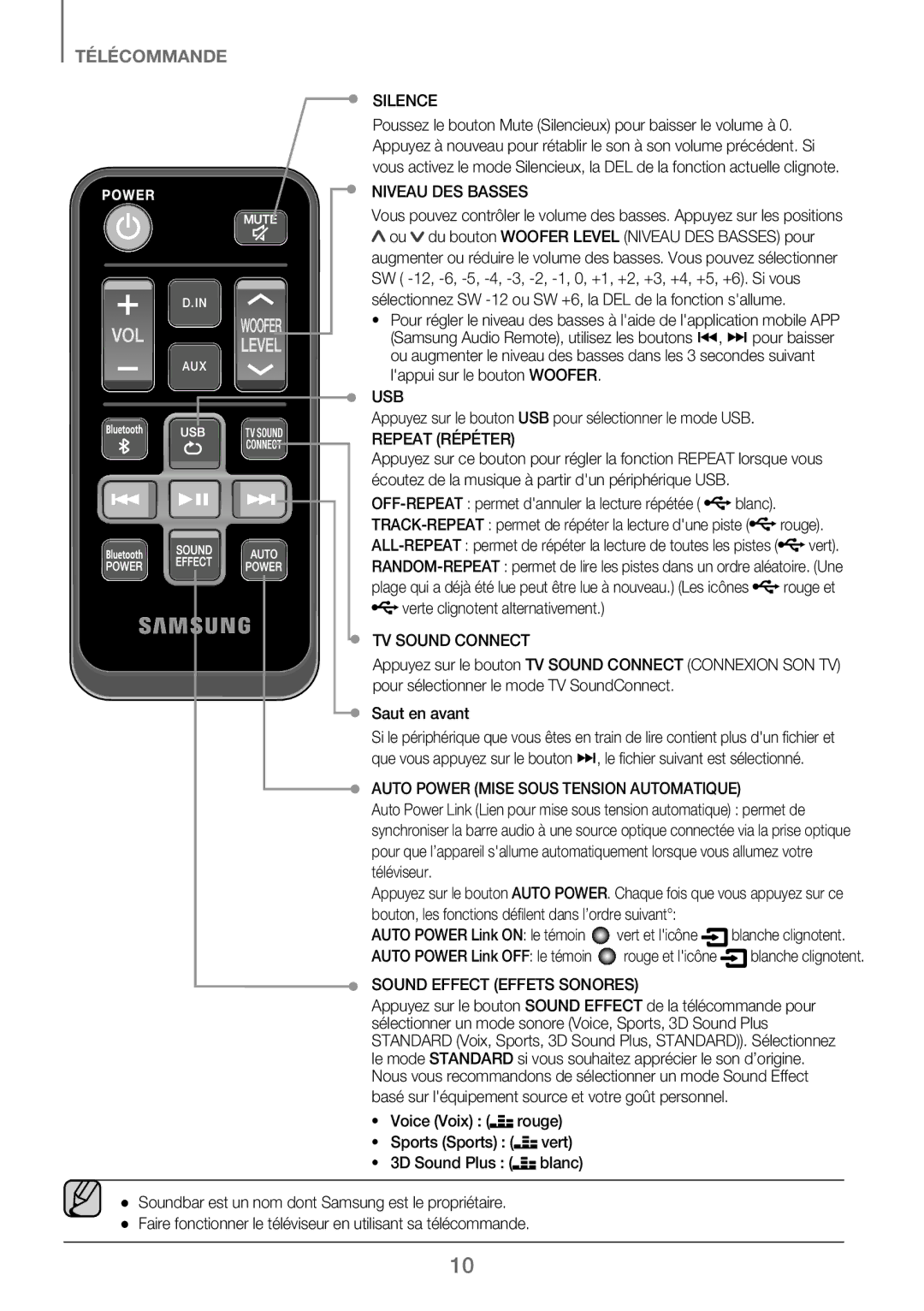 Samsung HW-J250/EN manual Silence, Niveau DES Basses, Repeat Répéter, Auto Power Mise Sous Tension Automatique 