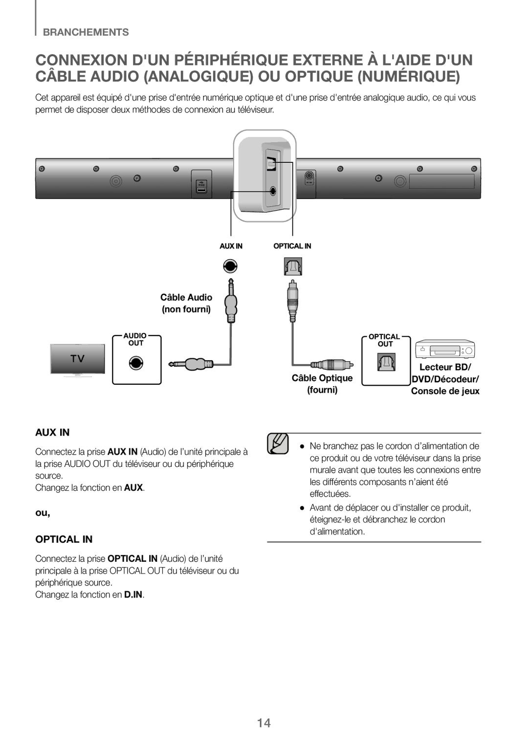 Samsung HW-J250/EN manual Câble Audio non fourni, Lecteur BD 