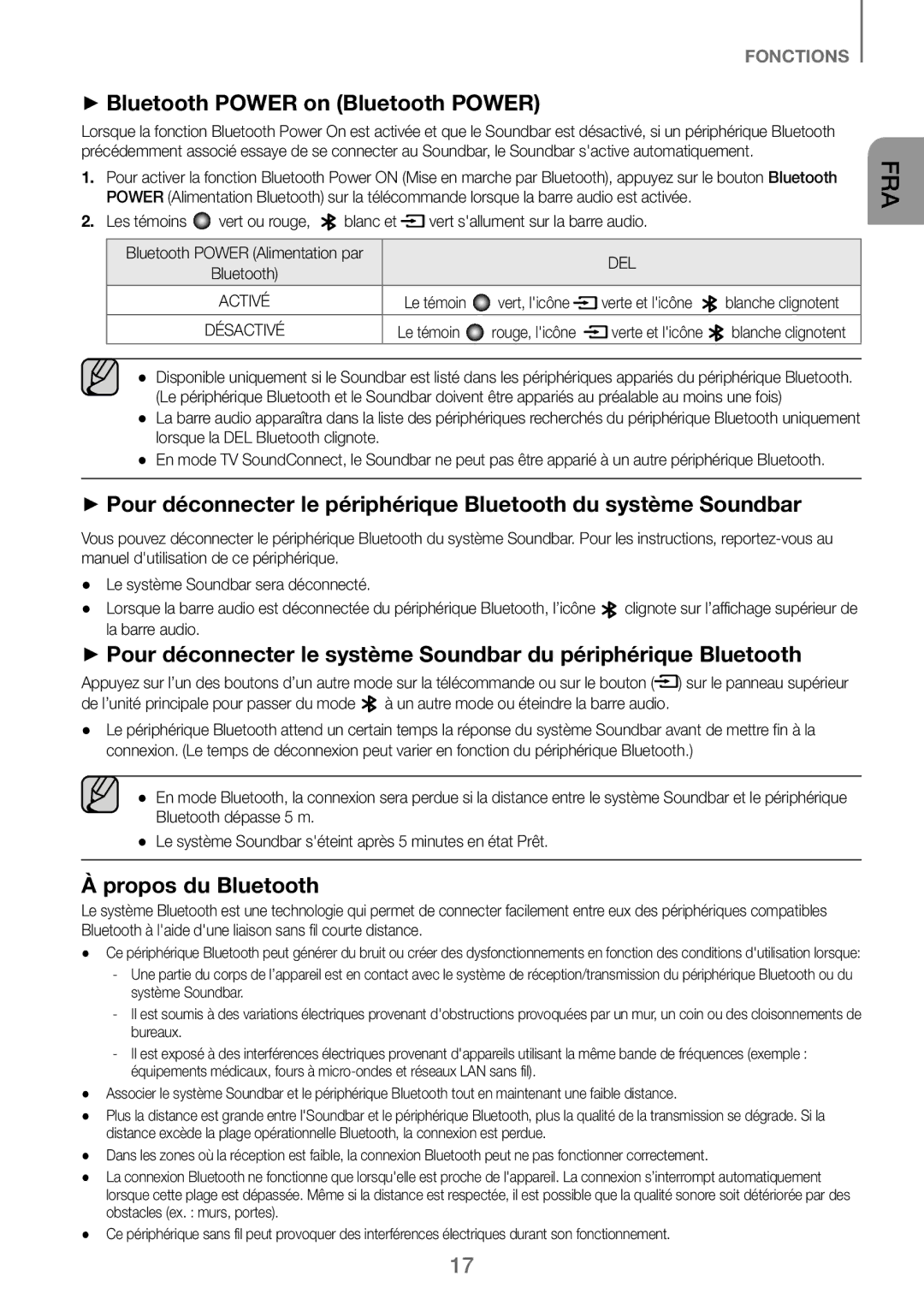 Samsung HW-J250/EN ++Bluetooth Power on Bluetooth Power, Propos du Bluetooth, Le témoin, Verte et licône, La barre audio 