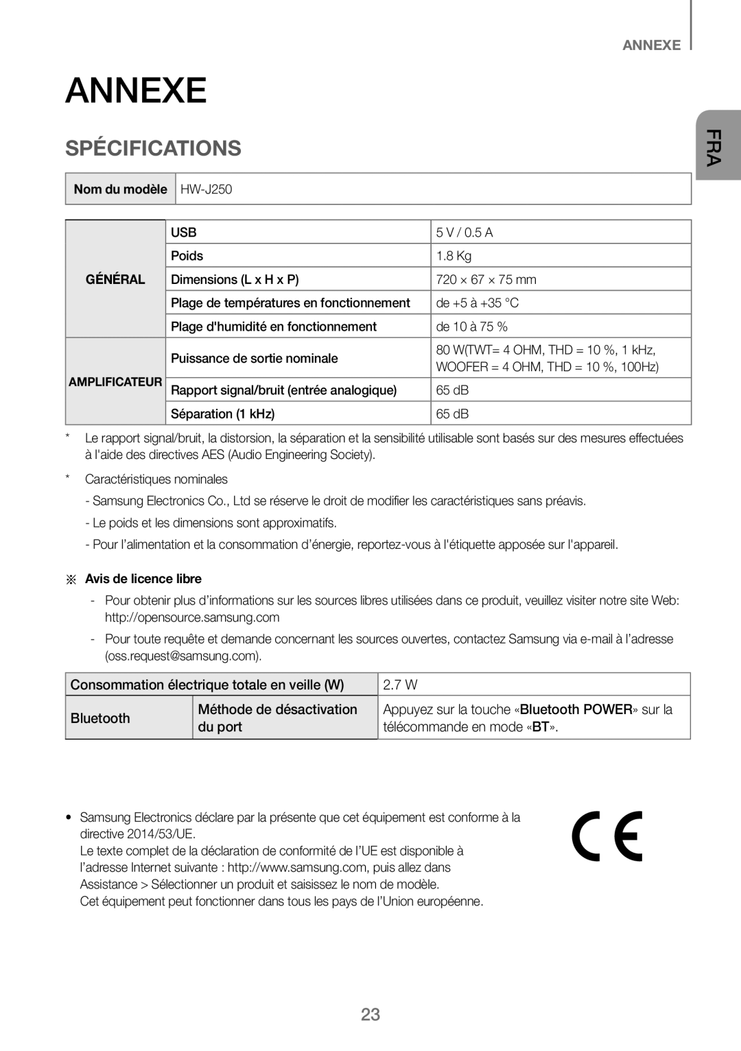 Samsung HW-J250/EN Annexe, Spécifications, Du port Télécommande en mode «BT», Nom du modèle, Aa Avis de licence libre 