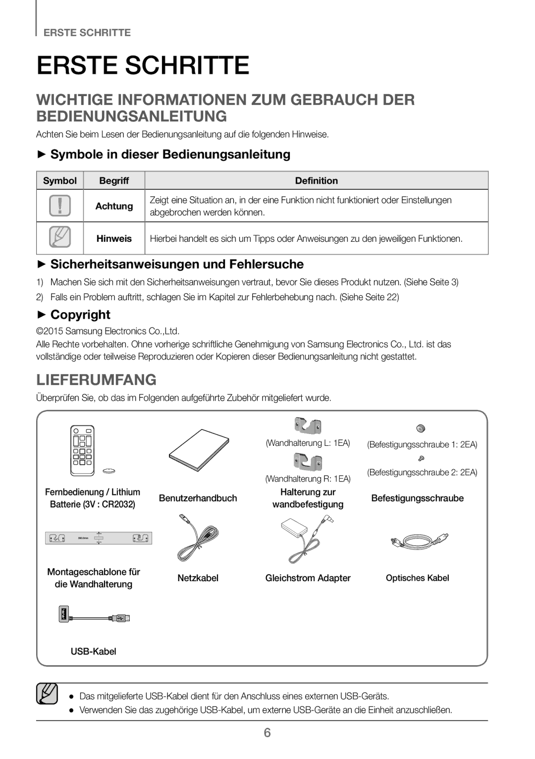 Samsung HW-J250/EN manual Erste Schritte, Wichtige Informationen ZUM Gebrauch DER Bedienungsanleitung, Lieferumfang 