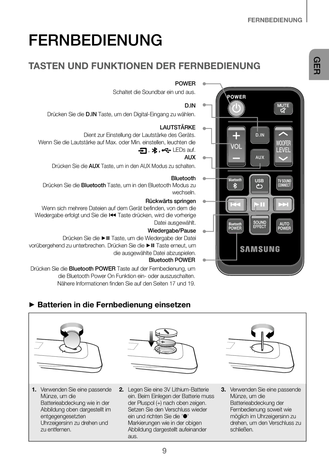 Samsung HW-J250/EN Tasten UND Funktionen DER Fernbedienung, ++Batterien in die Fernbedienung einsetzen, Lautstärke 