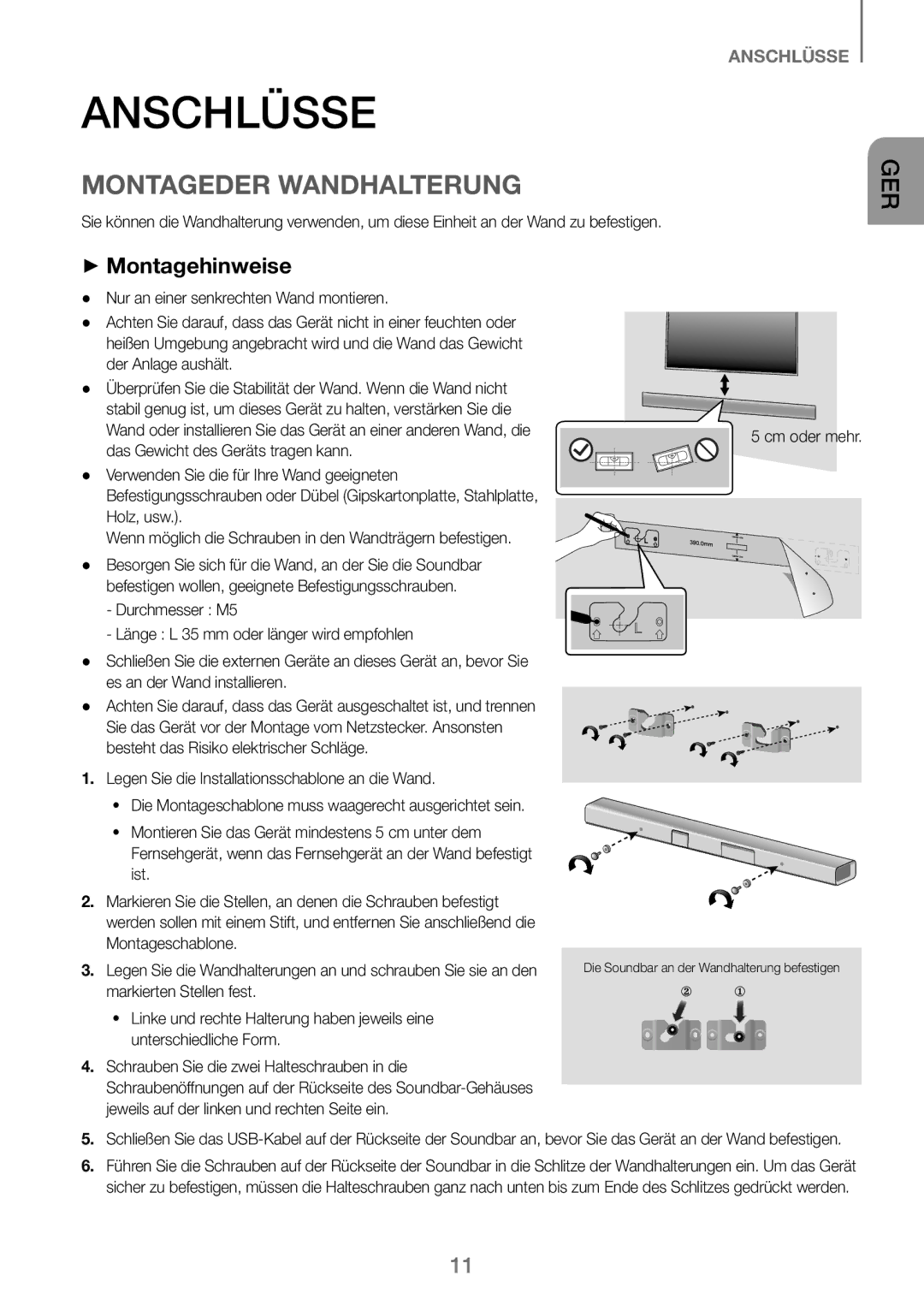 Samsung HW-J250/EN manual Anschlüsse, Montageder Wandhalterung, ++Montagehinweise, Cm oder mehr 