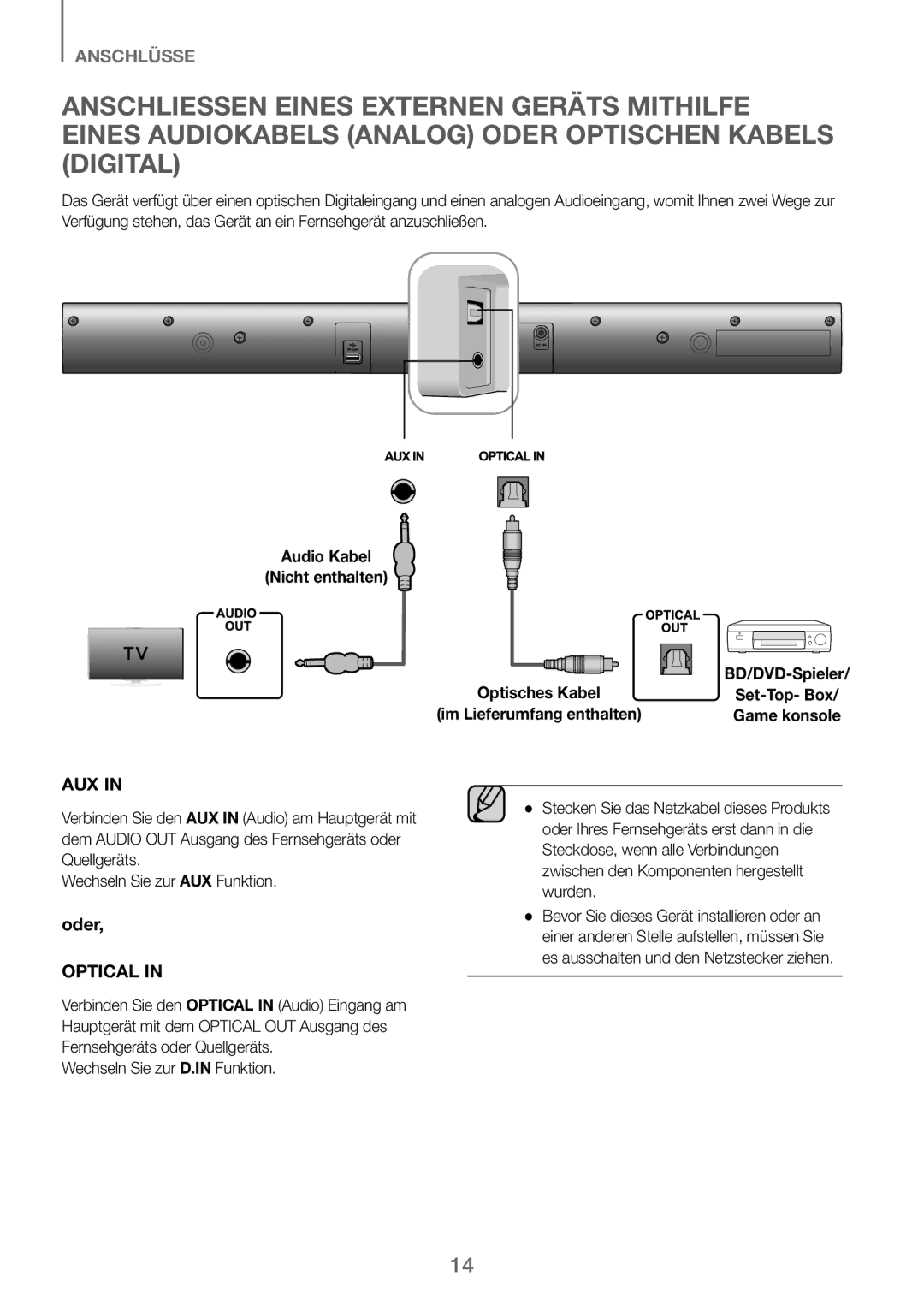 Samsung HW-J250/EN manual Audio Kabel Nicht enthalten 