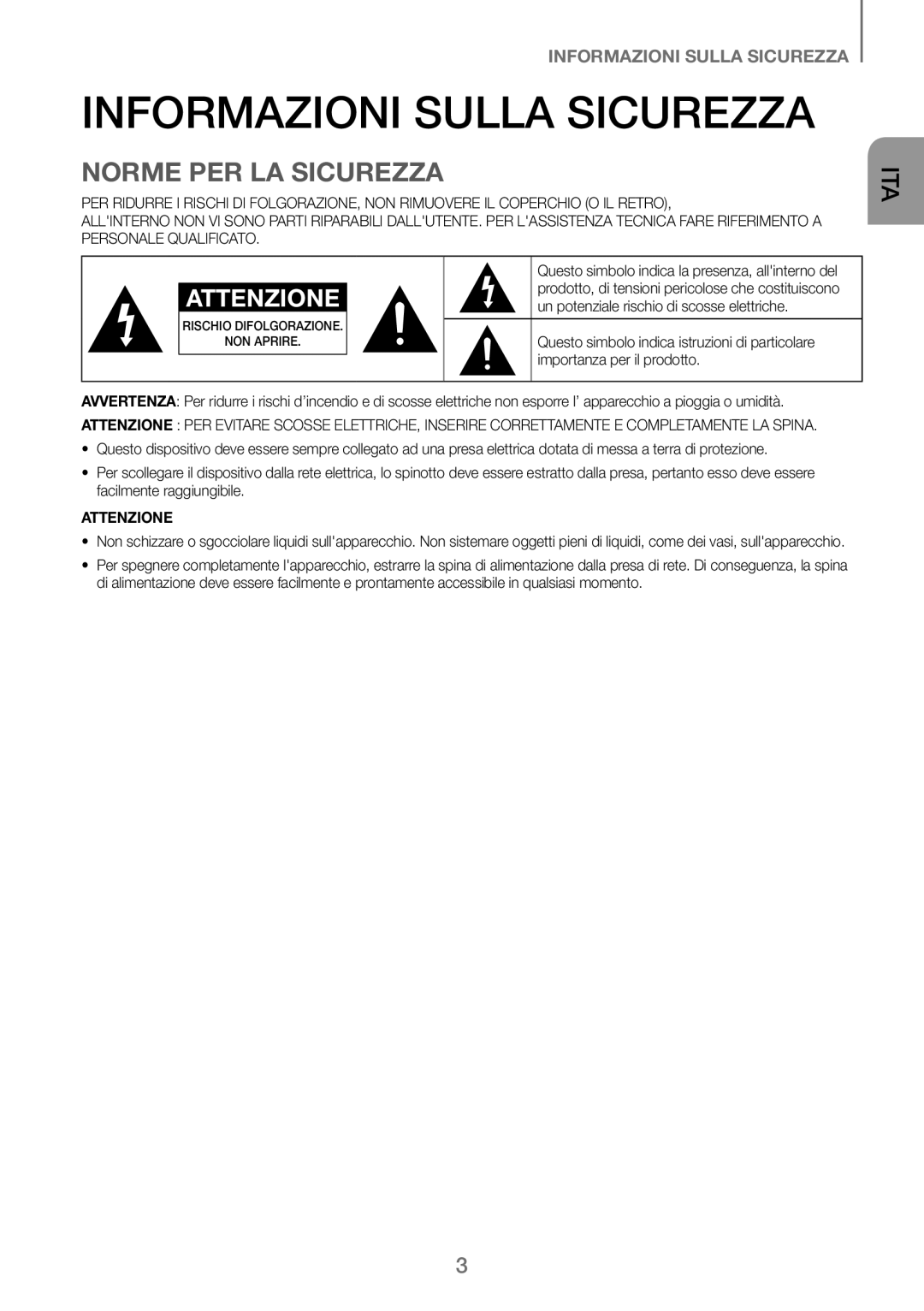 Samsung HW-J250/EN manual Informazioni Sulla Sicurezza, Norme PER LA Sicurezza, Un potenziale rischio di scosse elettriche 