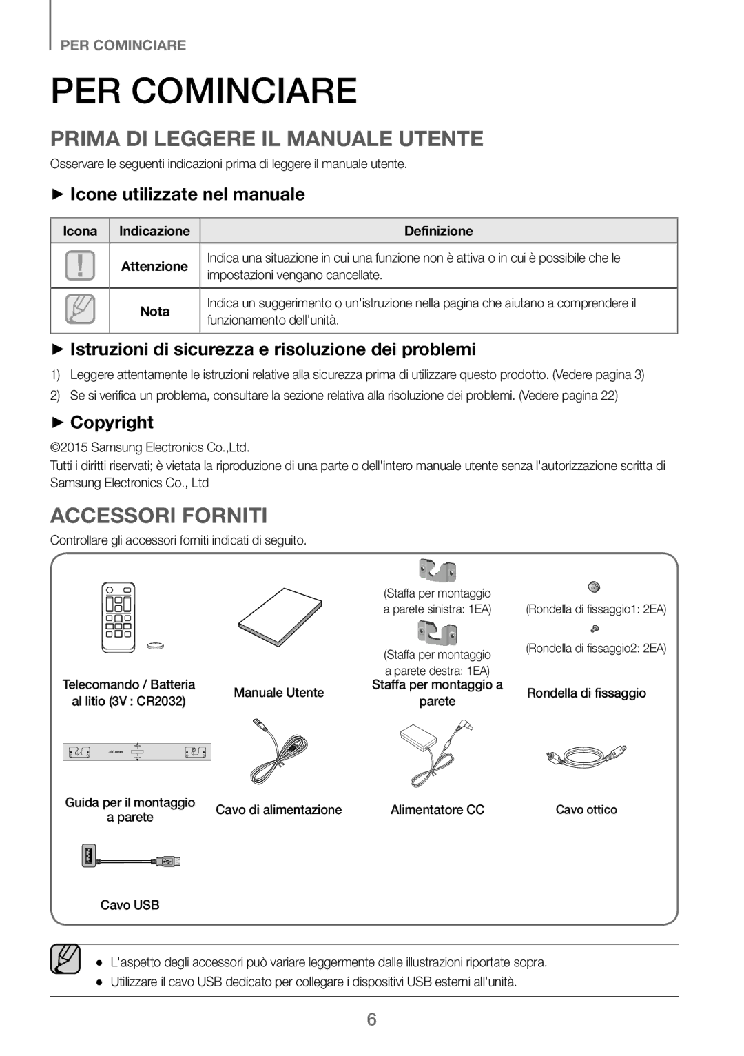 Samsung HW-J250/EN PER Cominciare, Prima DI Leggere IL Manuale Utente, Accessori Forniti, ++Icone utilizzate nel manuale 