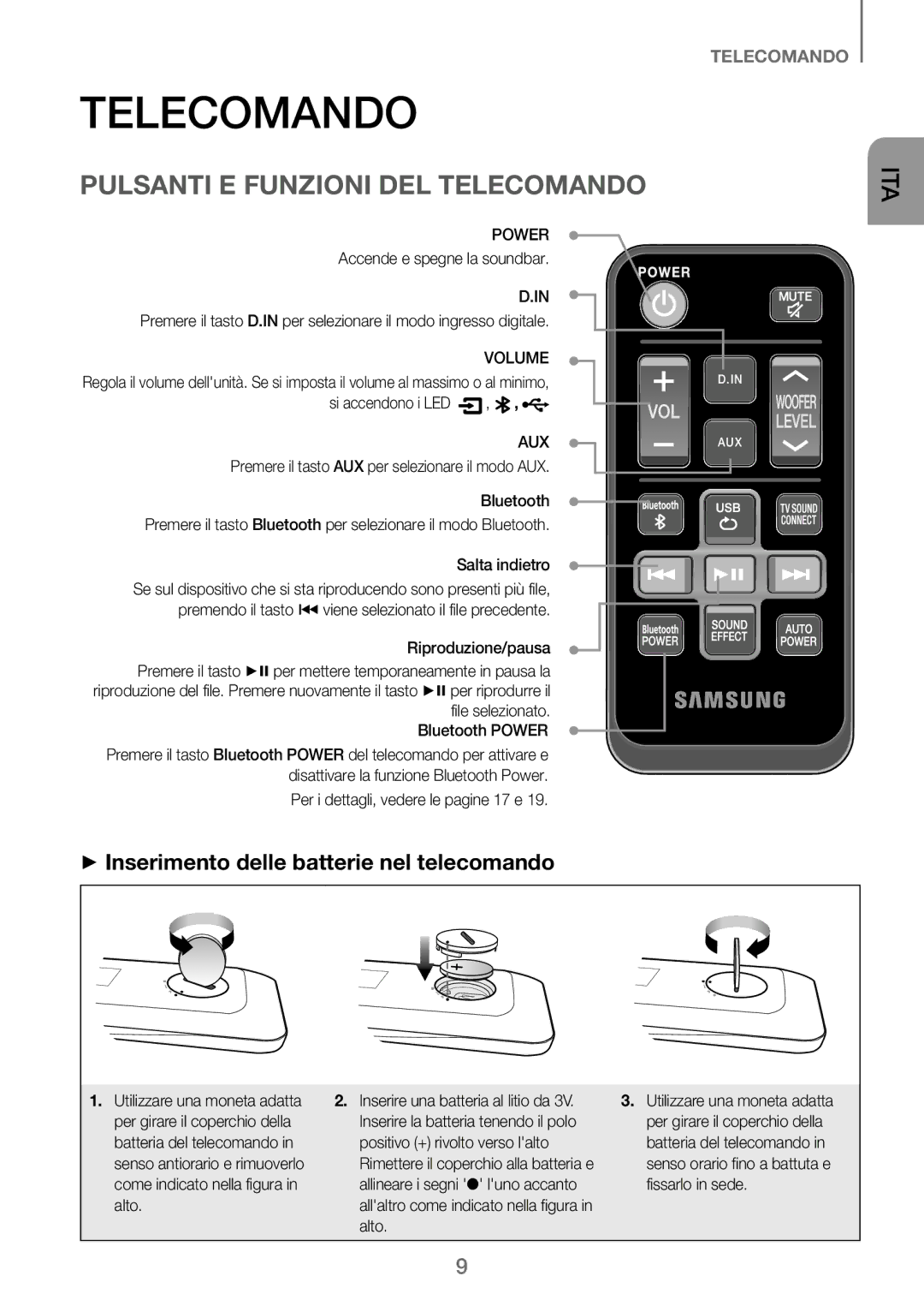 Samsung HW-J250/EN manual Pulsanti E Funzioni DEL Telecomando, ++Inserimento delle batterie nel telecomando 