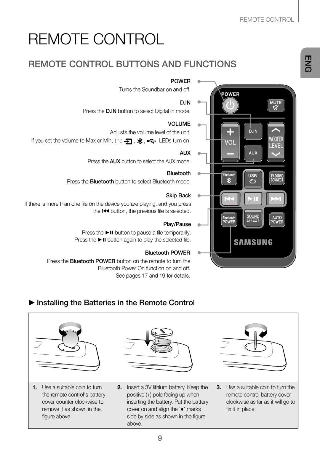 Samsung HW-J250/EN manual Remote Control Buttons and Functions, Installing the Batteries in the Remote Control 