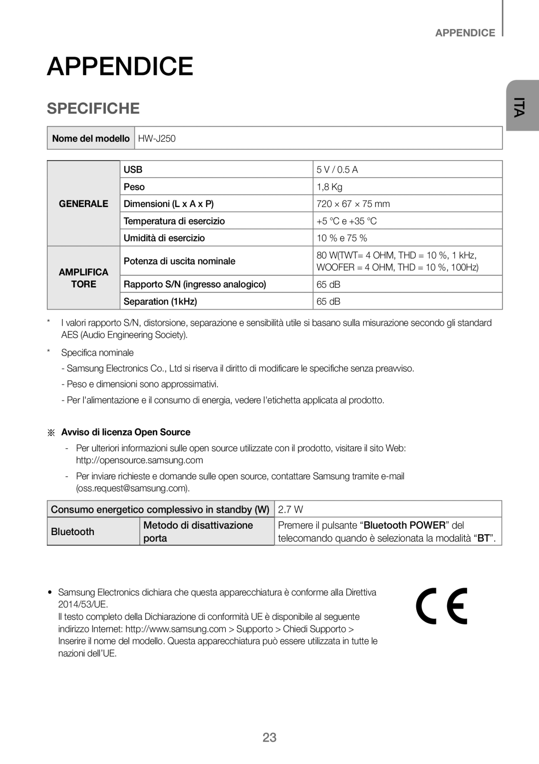 Samsung HW-J250/EN manual Appendice, Specifiche, Nome del modello HW-J250, Aa Avviso di licenza Open Source 