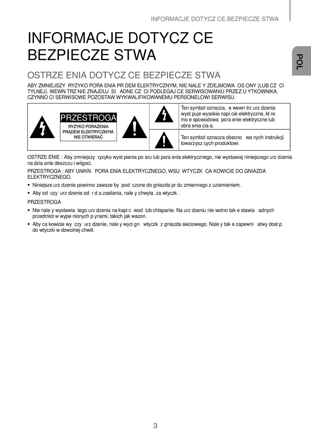 Samsung HW-J250/EN manual Informacje Dotyczące Bezpieczeństwa, Ostrzeżenia Dotyczące Bezpieczeństwa 