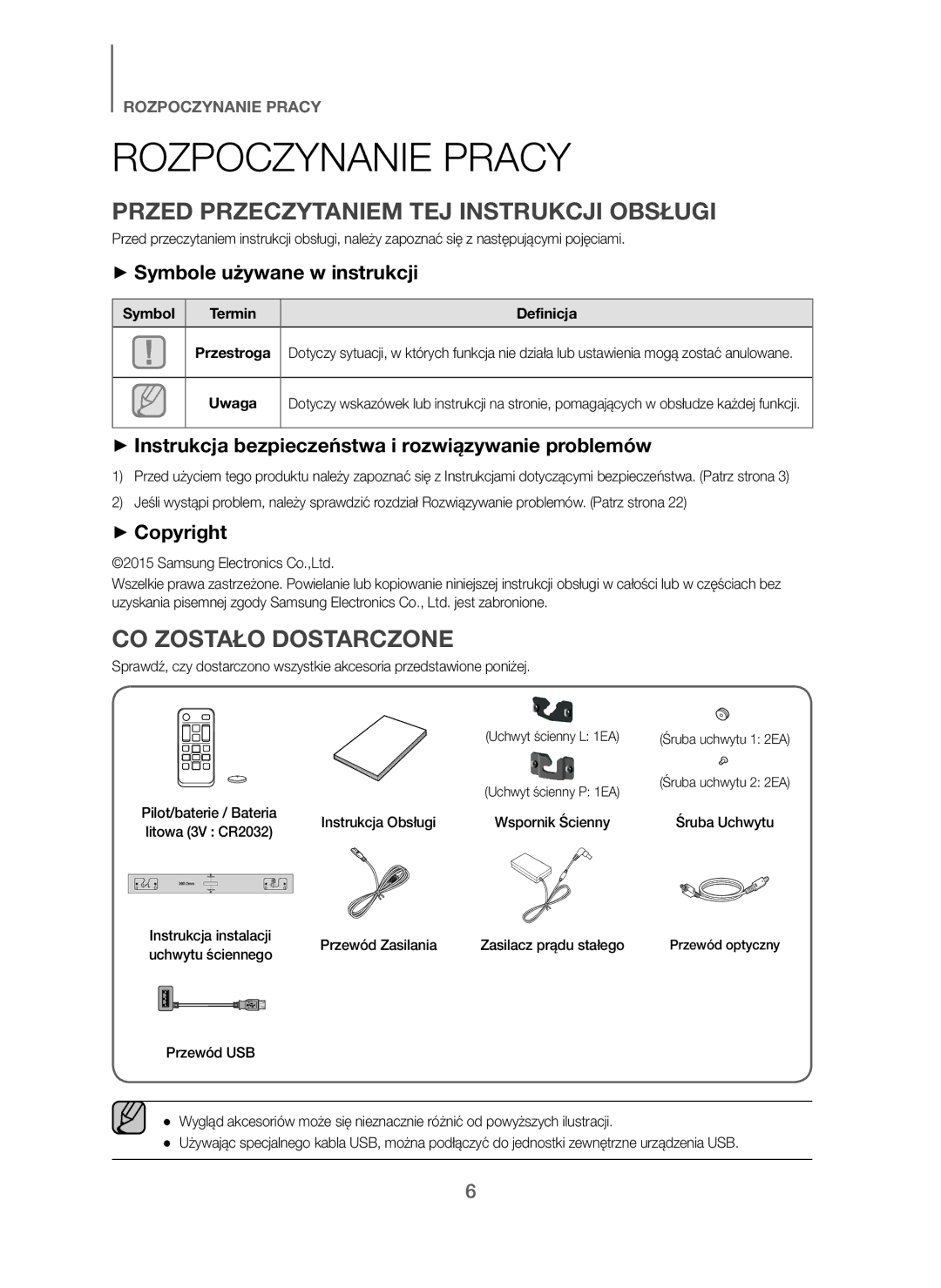 Samsung HW-J250/EN manual Rozpoczynanie Pracy, Przed Przeczytaniem TEJ Instrukcji Obsługi, CO Zostało Dostarczone 