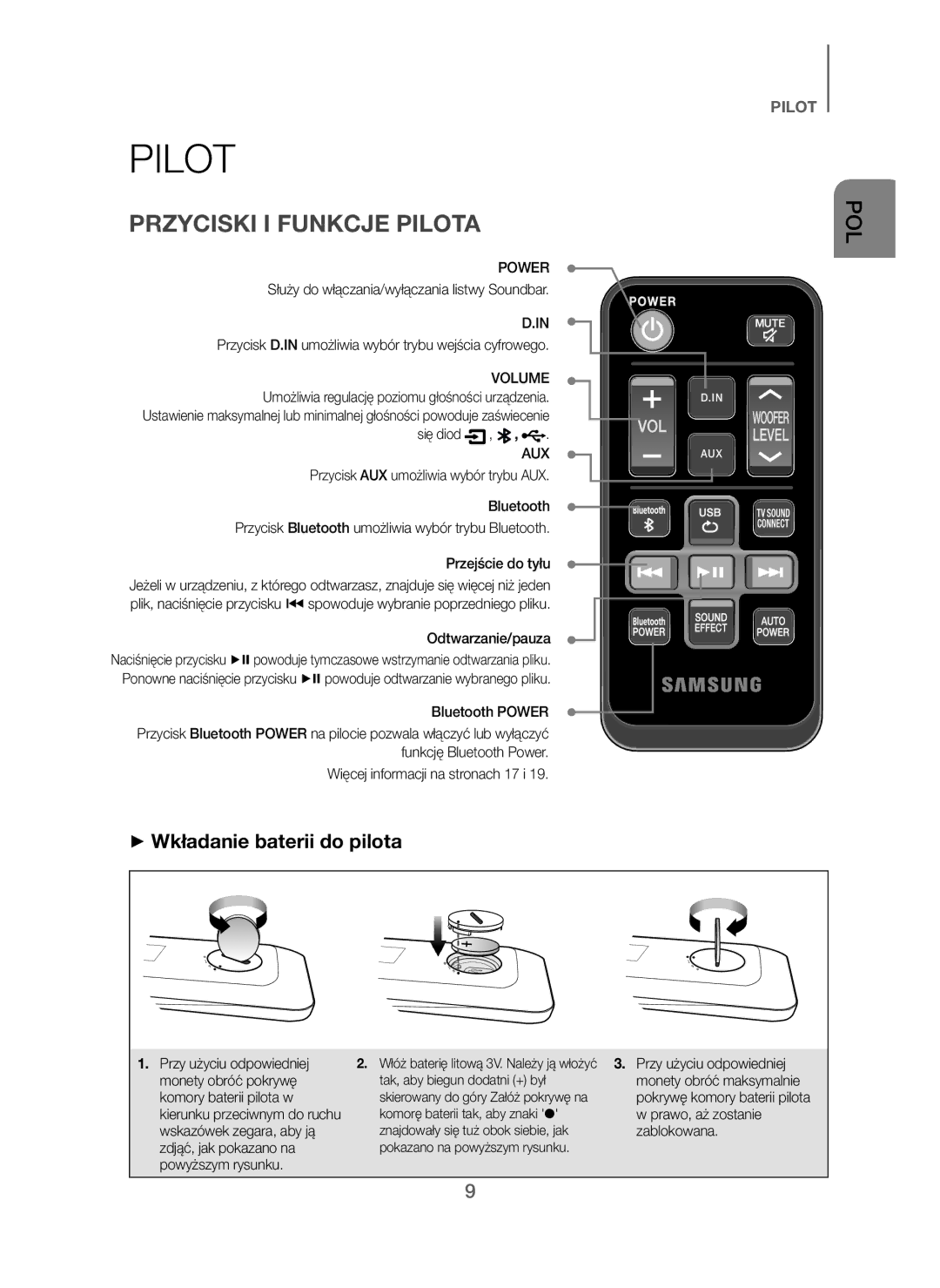 Samsung HW-J250/EN manual Przyciski I Funkcje Pilota, + Wkładanie baterii do pilota 