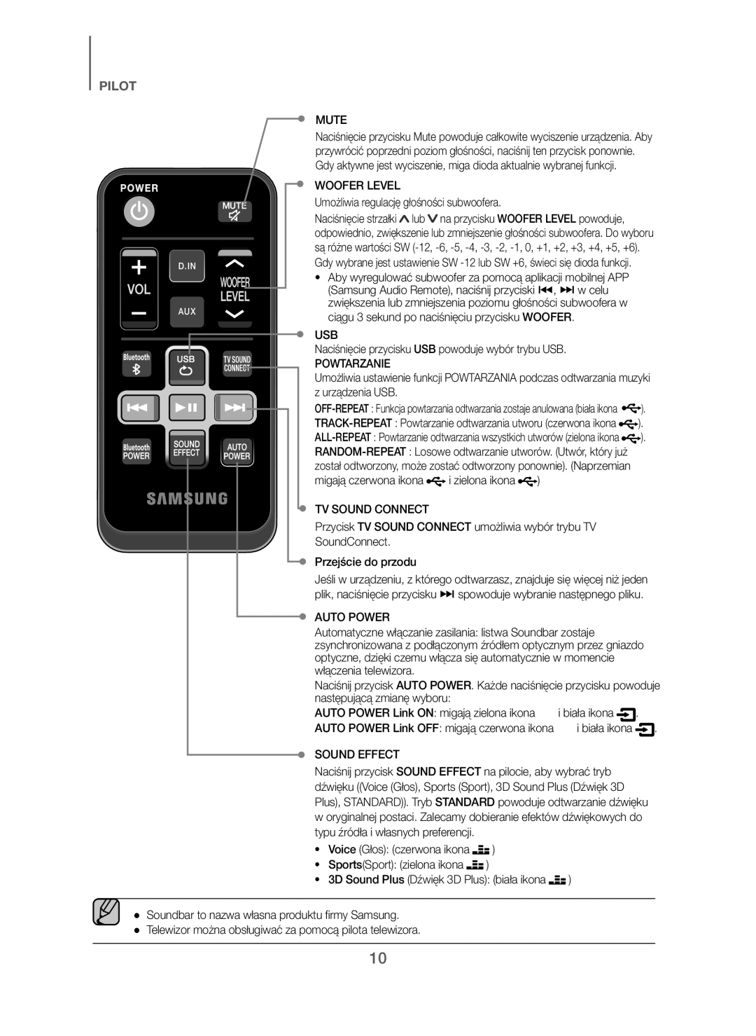 Samsung HW-J250/EN manual Umożliwia regulację głośności subwoofera, Naciśnięcie przycisku USB powoduje wybór trybu USB 