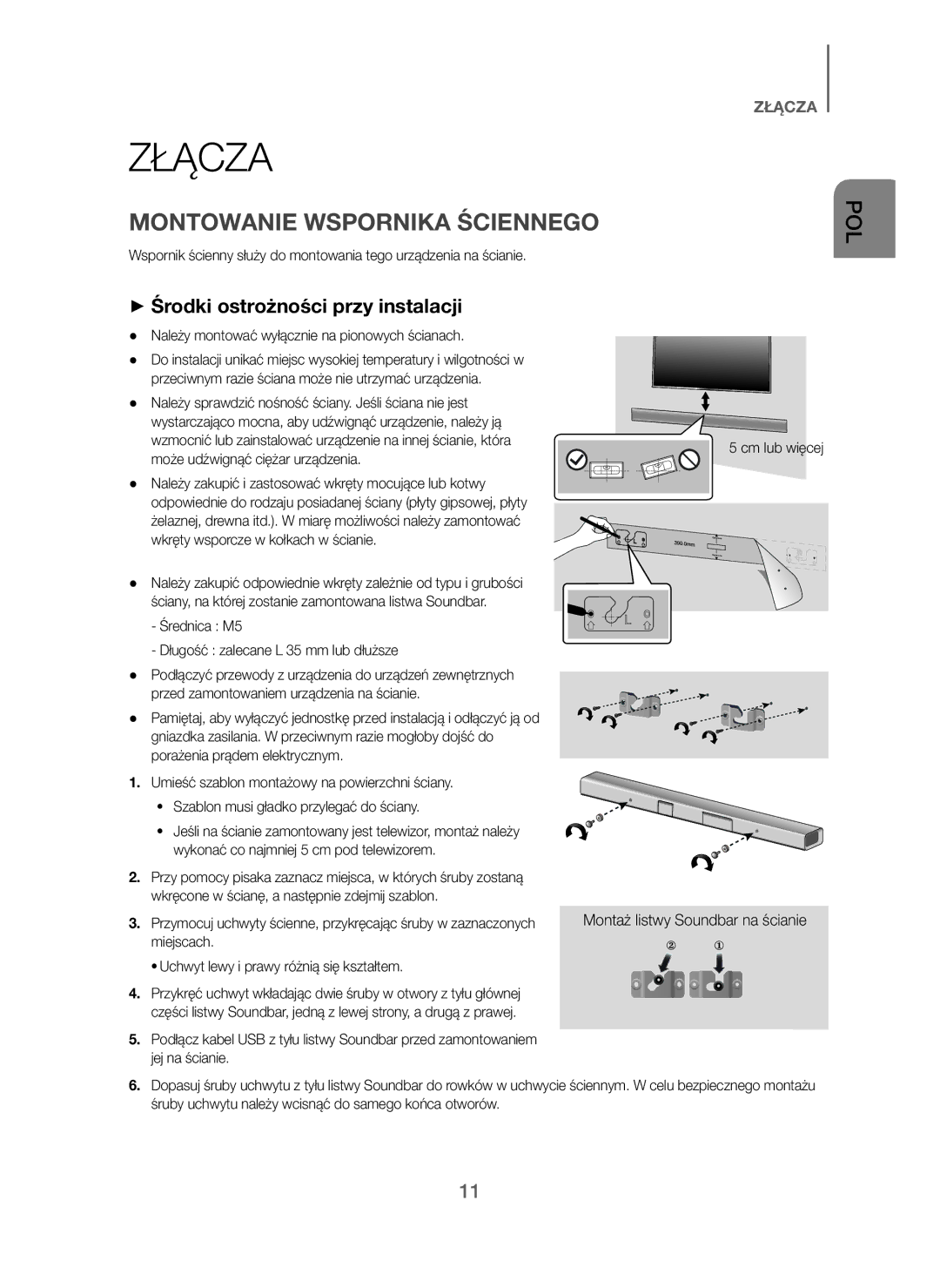 Samsung HW-J250/EN manual Złącza, Montowanie Wspornika Ściennego, + Środki ostrożności przy instalacji 