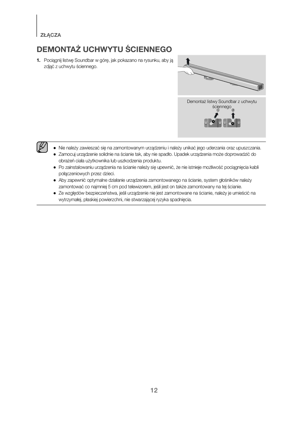 Samsung HW-J250/EN manual Demontaż Uchwytu Ściennego 