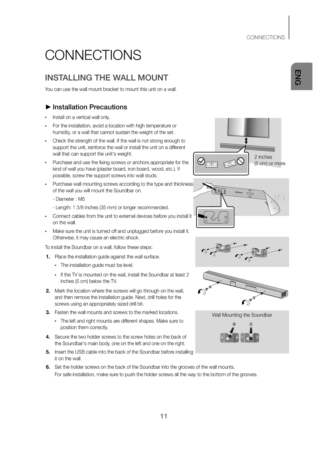 Samsung HW-J250/EN manual Connections, Installing the Wall Mount, Installation Precautions, Install on a vertical wall only 