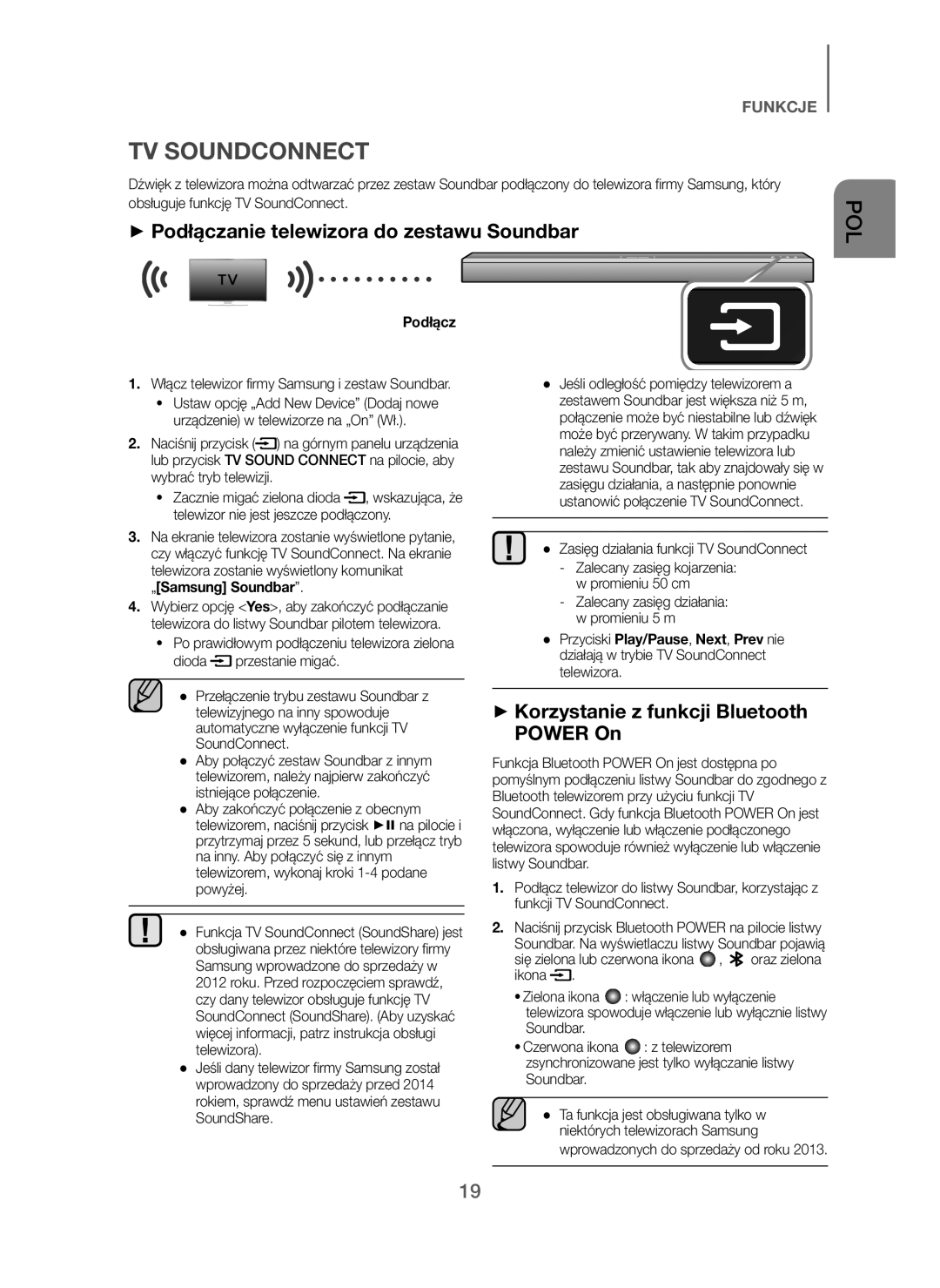 Samsung HW-J250/EN manual + Podłączanie telewizora do zestawu Soundbar, + Korzystanie z funkcji Bluetooth Power On 