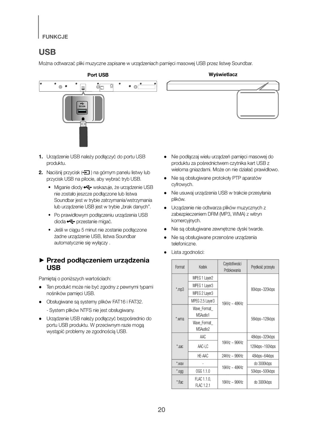 Samsung HW-J250/EN manual + Przed podłączeniem urządzenia, Urządzenie USB należy podłączyć do portu USB produktu 