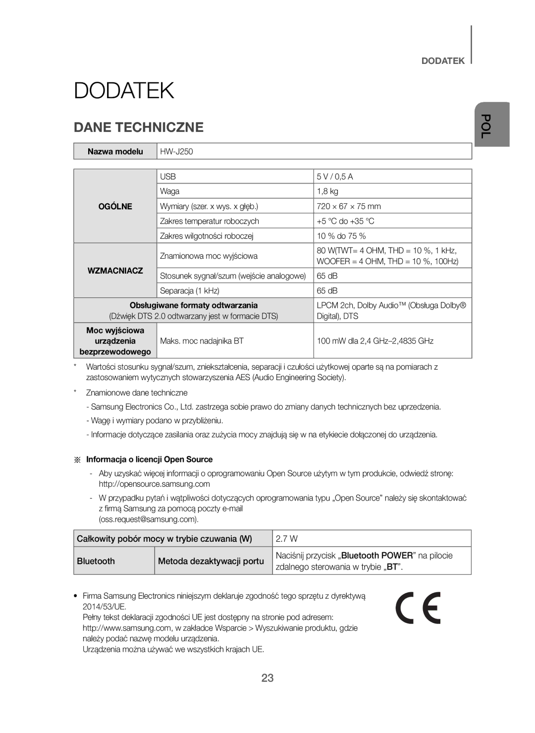 Samsung HW-J250/EN manual Dodatek, Dane Techniczne, Nazwa modelu, Bezprzewodowego, Informacja o licencji Open Source 