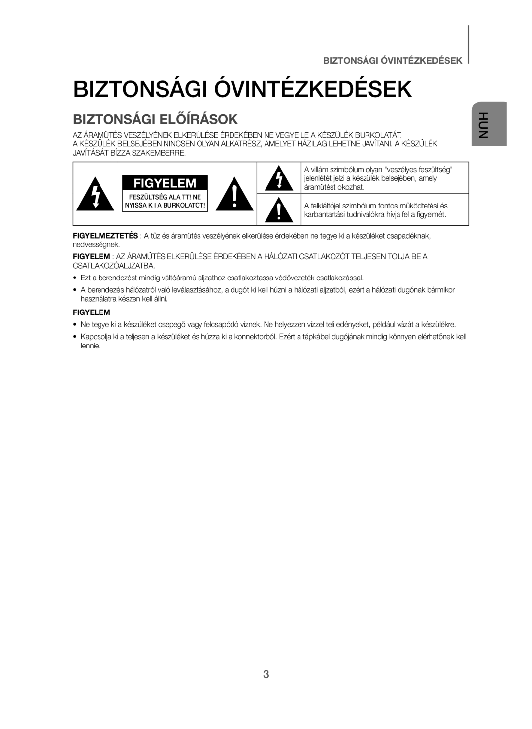 Samsung HW-J250/EN manual Biztonsági Óvintézkedések, Biztonsági Előírások 