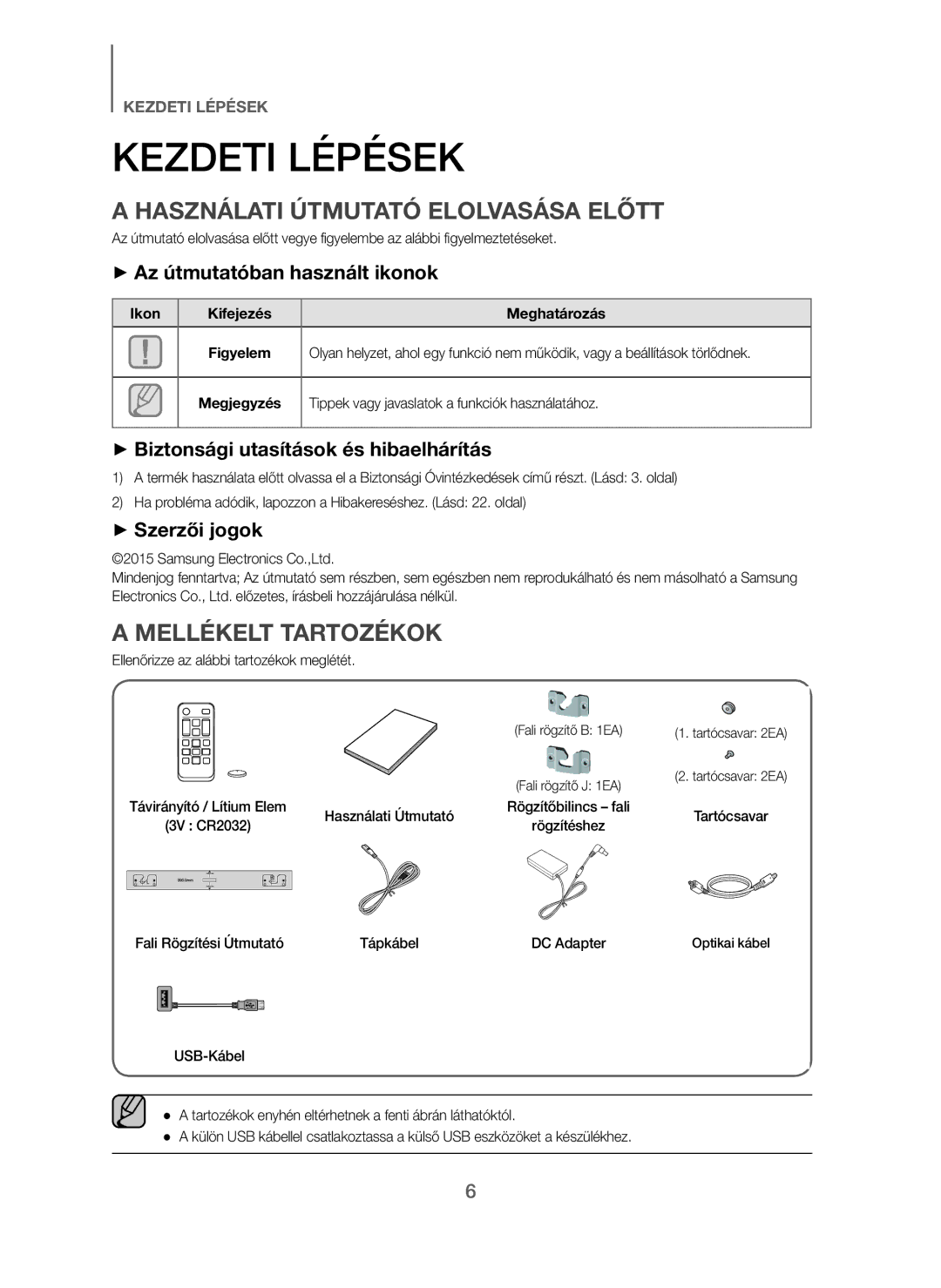 Samsung HW-J250/EN manual Kezdeti Lépések, Használati Útmutató Elolvasása Előtt, Mellékelt Tartozékok 