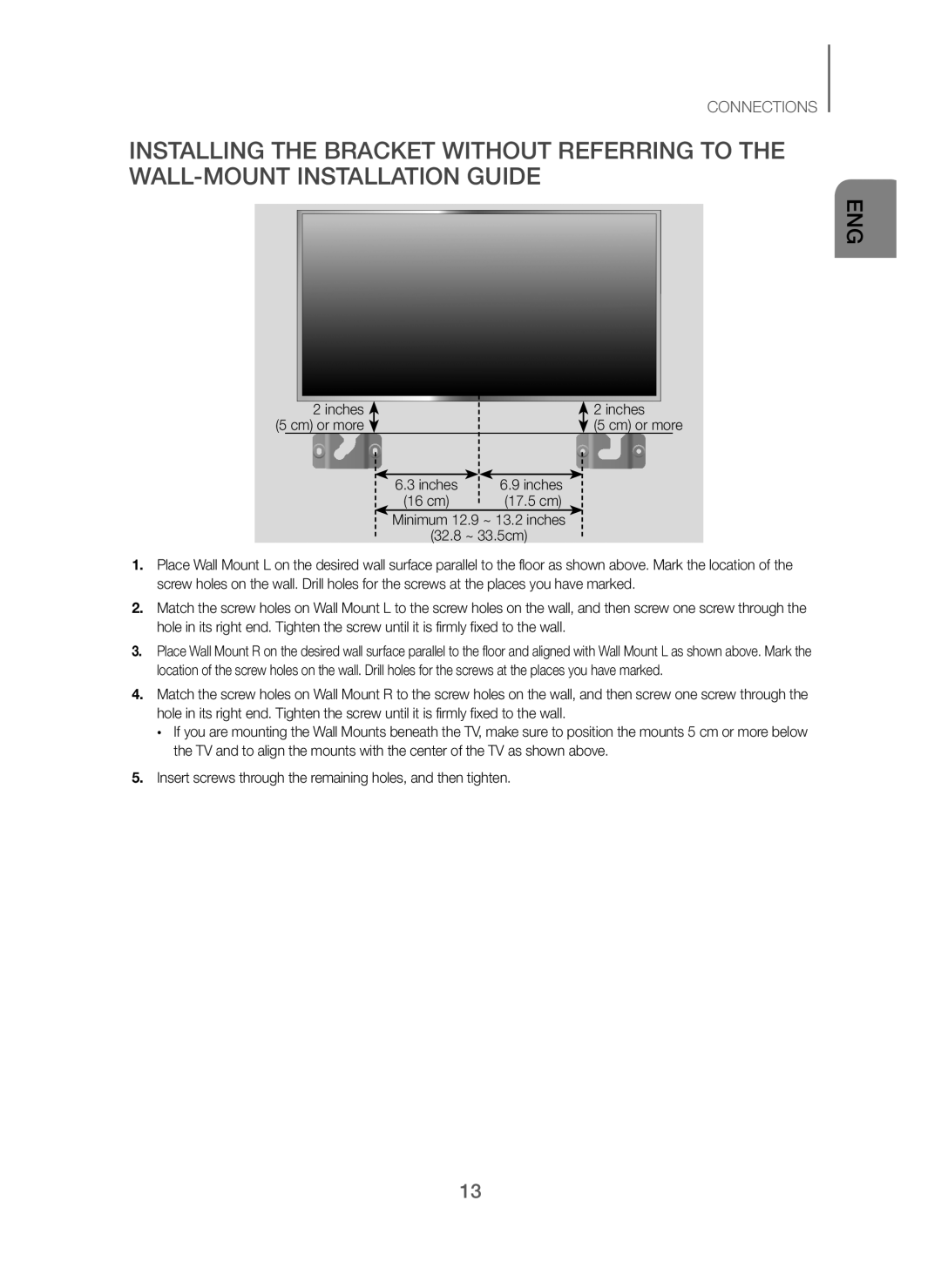 Samsung HW-J250/EN manual Inches, cm Minimum 12.9 ~ 13.2 inches 32.8 ~ 33.5cm 